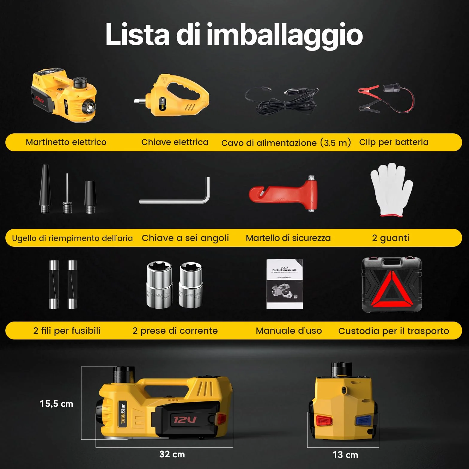 TaskStar Cric idraulico elettrico 12V 5 Ton per auto, portata 15,5-45 cm con chiave e gonfiatole