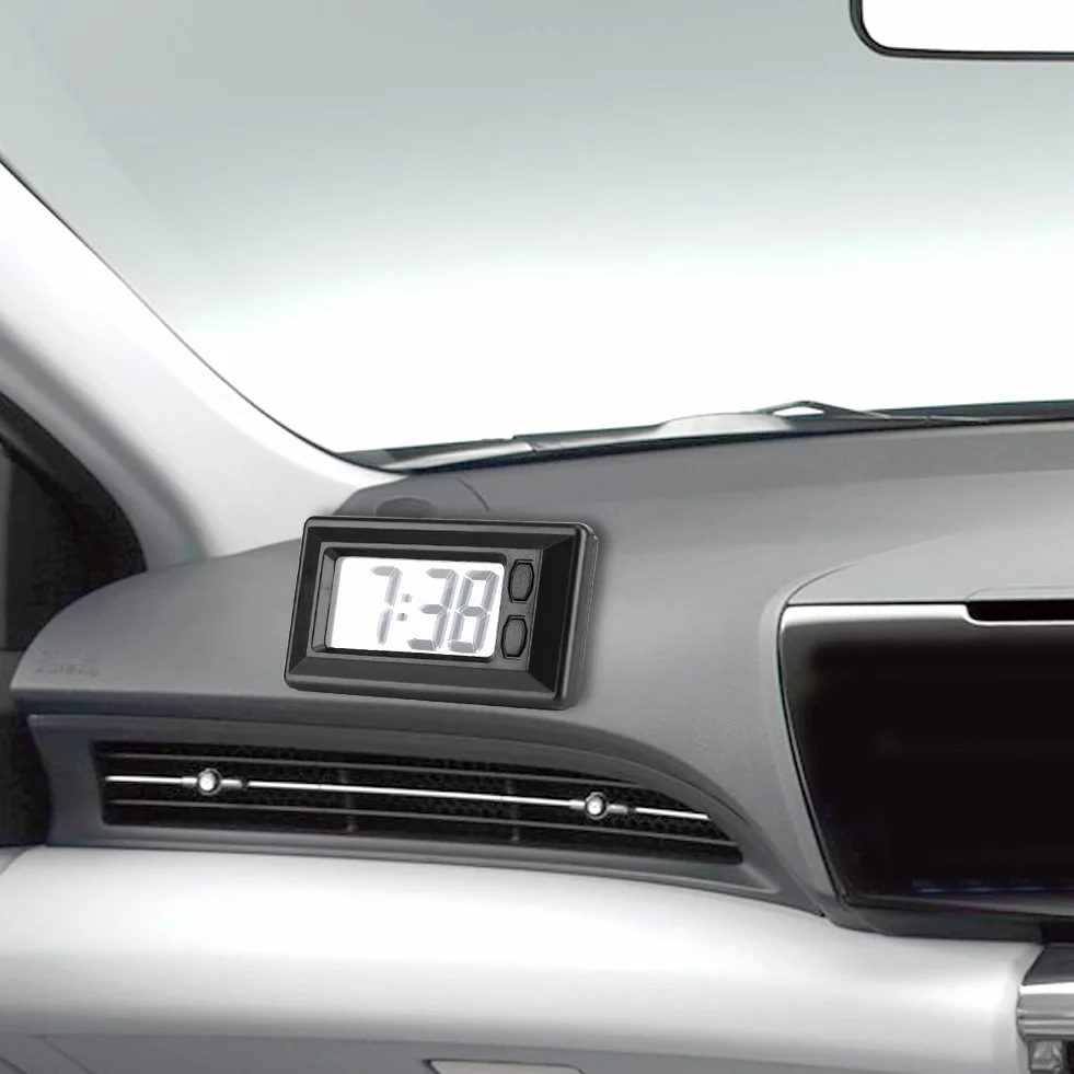 Garosa Orologio Digitale da Auto con Termometro, Display LCD Retroilluminato 46,5x22mm, Nero, ABS, con Supporto Adesivo, Alimentazione a Batteria