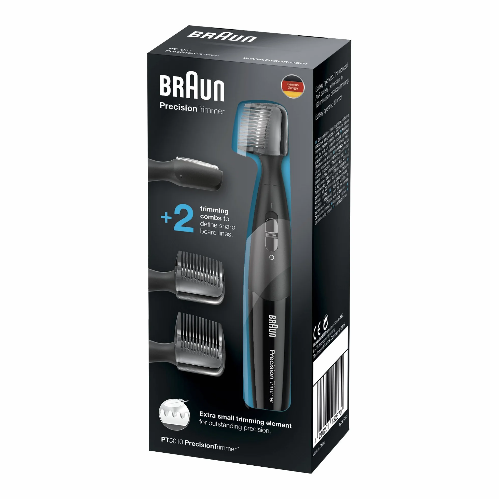 Braun PT5010 Precision Trimmer, RIFINITORE BARBA, 2 Pettini, Senza Fili, Nero e Blu