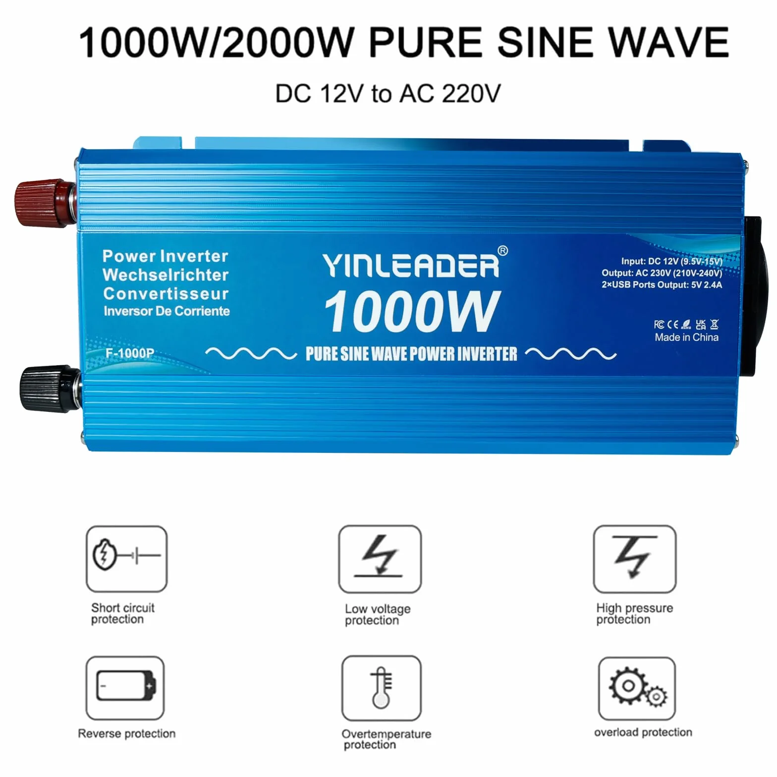 Yinleader 1000W 12V 230V Inverter a Onda Sinusoidale Pura per Camper