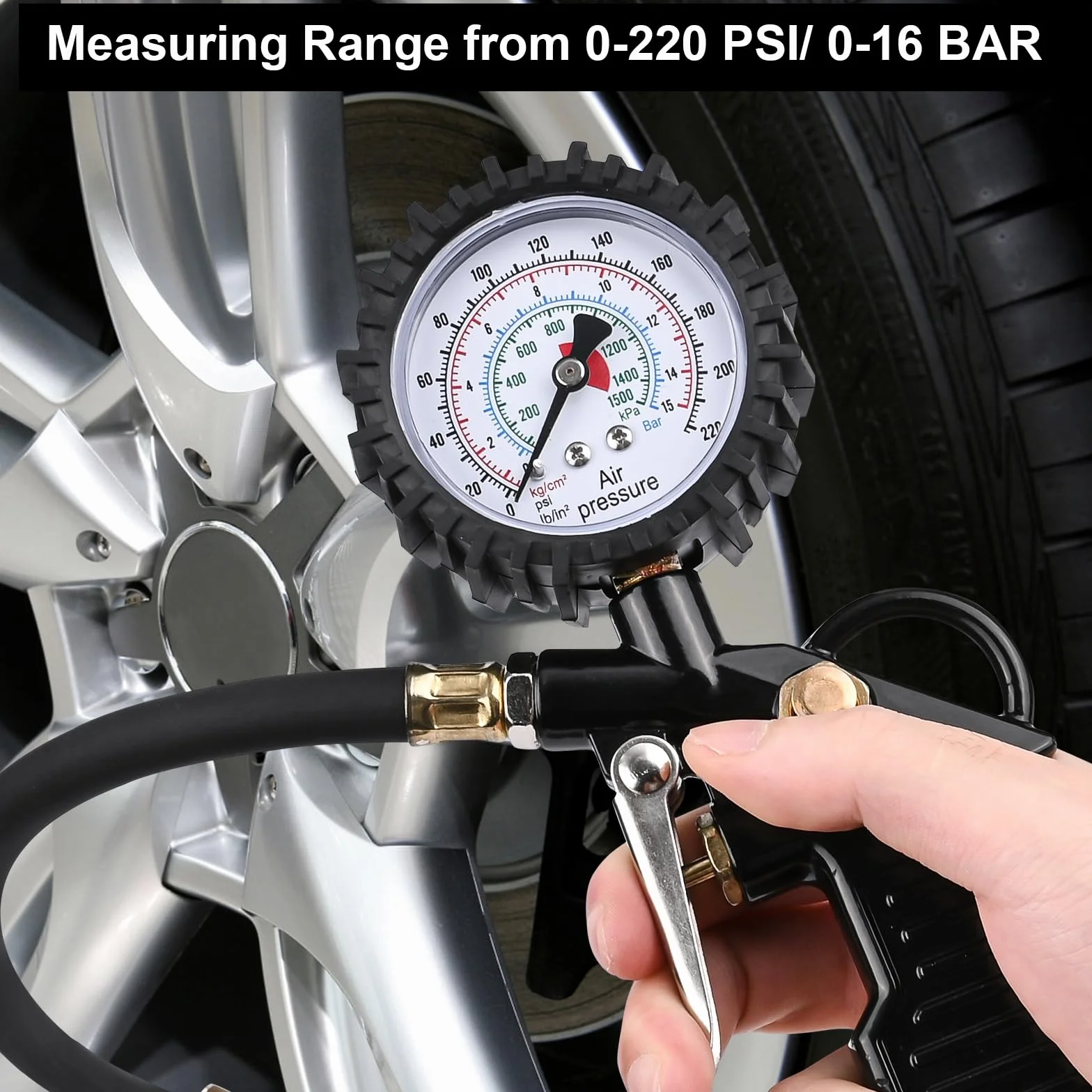 Manometro Pressione Gomme 220 PSI 16 BAR con Tubo Flessibile per Auto Moto