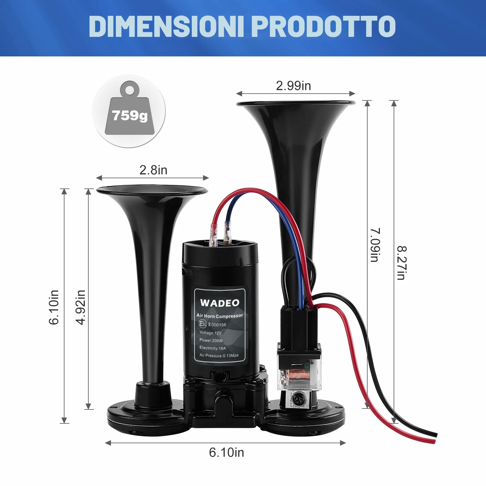 WADEO Clacson Auto, [Super Rumoroso da Svegliare i Morti] Tromba 12V con Compressore per Camion, Treni, Barche, Moto, Furgone