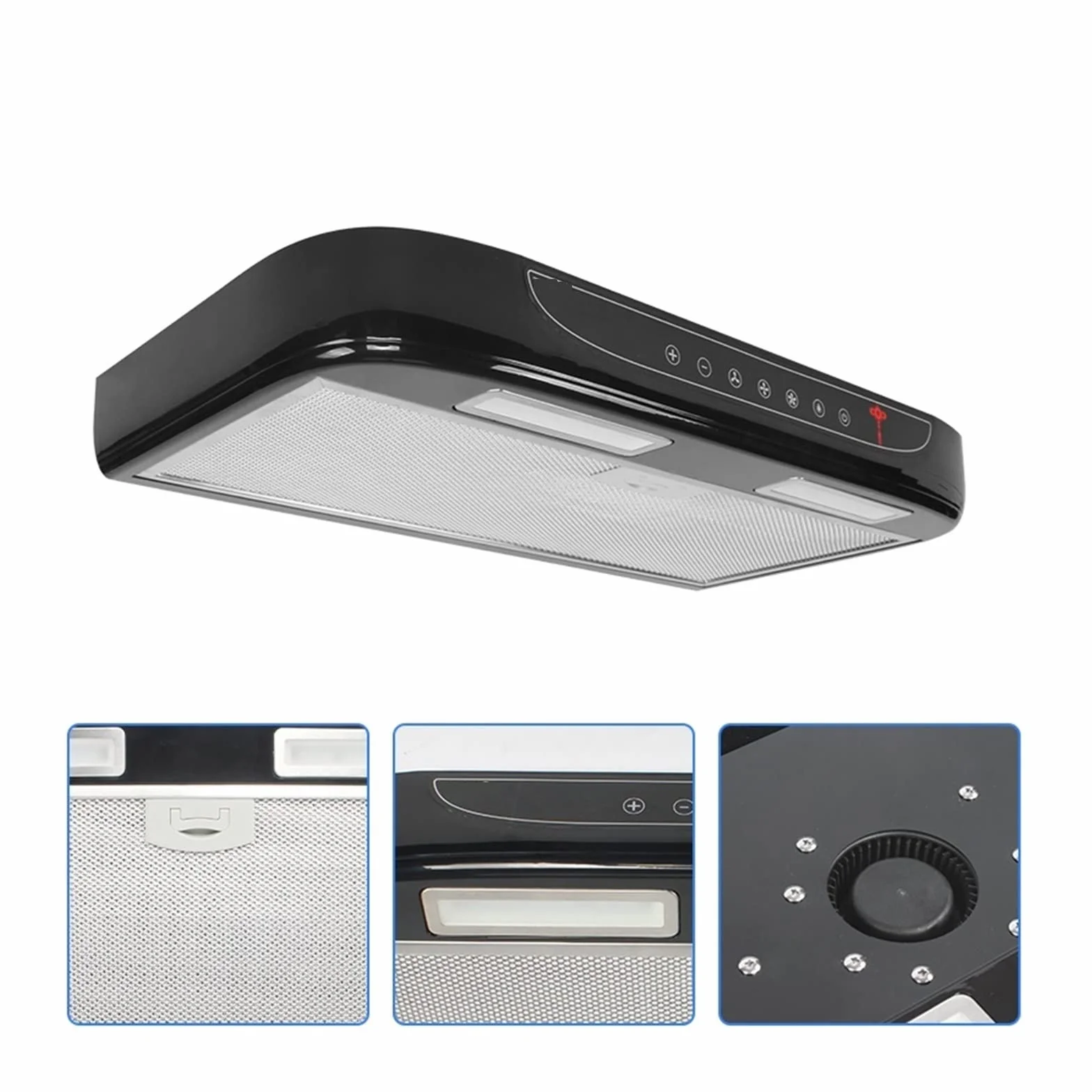Cappa da Cucina Nera con Rete in Acciaio Inossidabile a Luce LED for Camper Roulotte