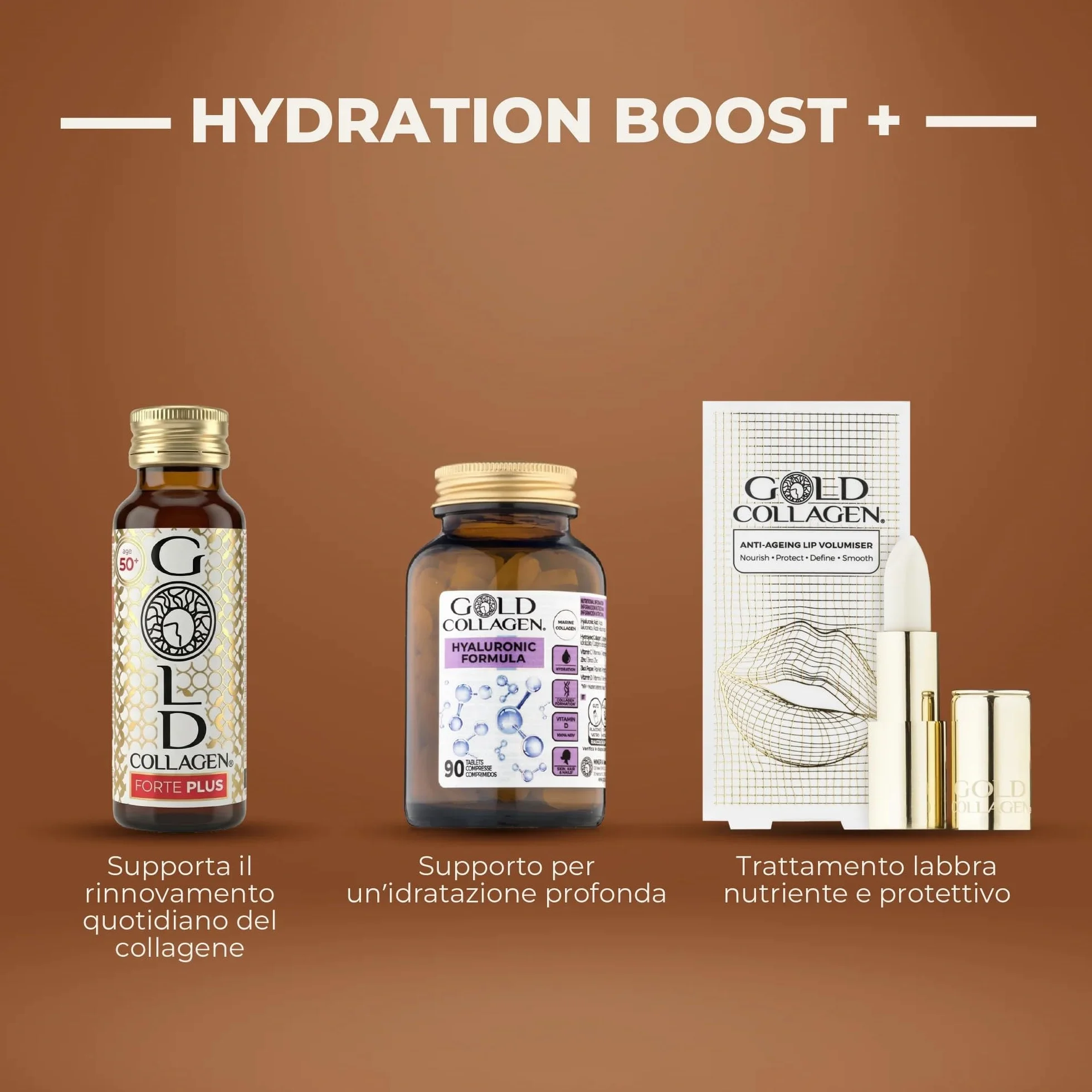GOLD COLLAGEN New Forte Plus Collagene Integratore Antirughe con Vitamina C Antiossidante 8g Collagene Marino Acido Ialuronico Biotina 10x50ml
