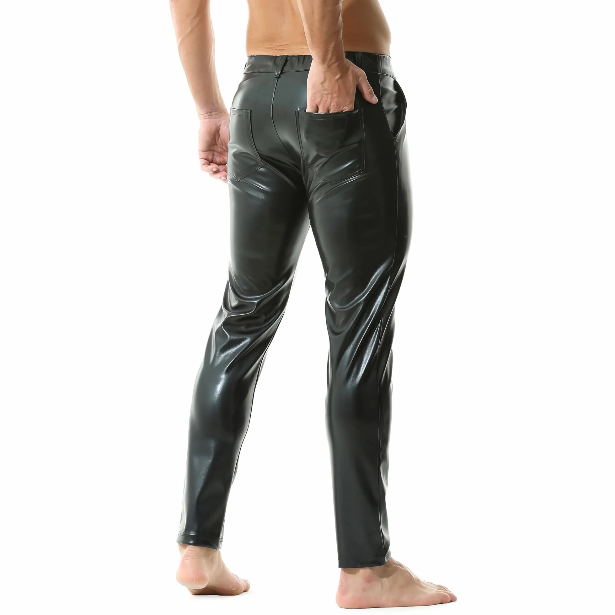 YUFEIDA Leggings da uomo PU ecopelle look bagnato pantaloni lunghi con chiusura lampo tasche moto cosplay danza, Nero, L