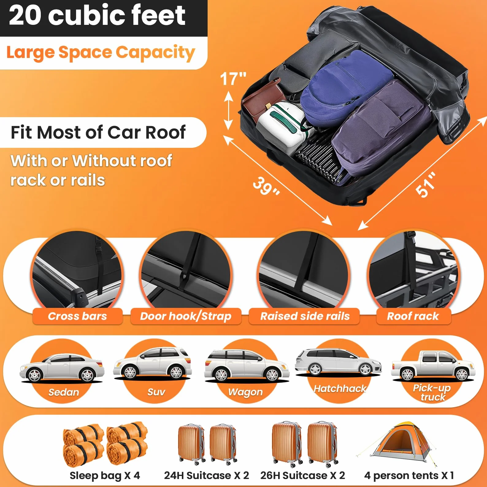 Sailnovo Box Tetto Auto, 580L/20 piedi cubi Baule Auto Tetto Impermeabile Per Con O Senza porta pacchi - incluso 6 ganci di sicurezza e custodia