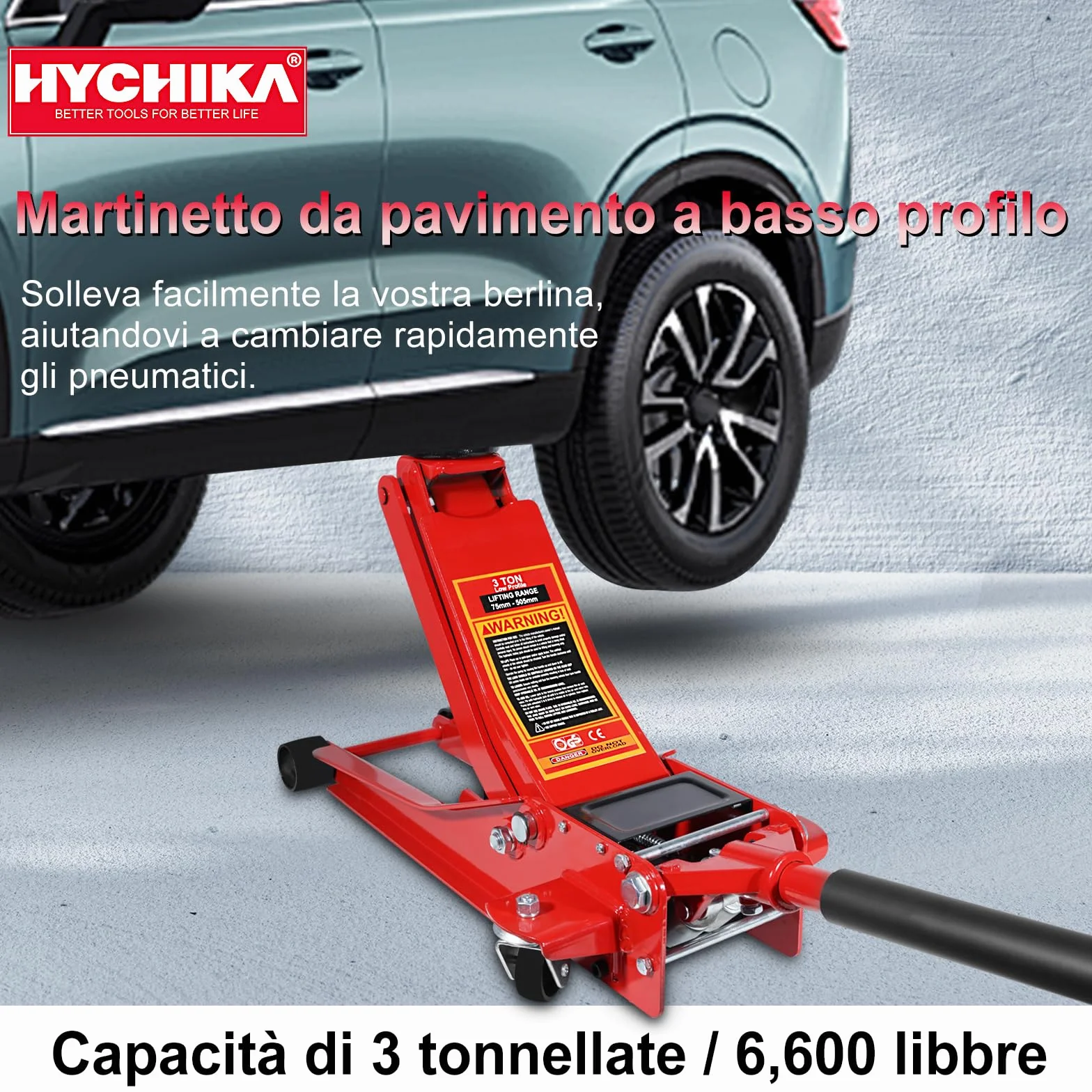 HYCHIKA Cric a carrello da corsa in acciaio,ultra basso profilo con pompa a sollevamento rapido a doppio pistone,capacità 3 tonnellate
