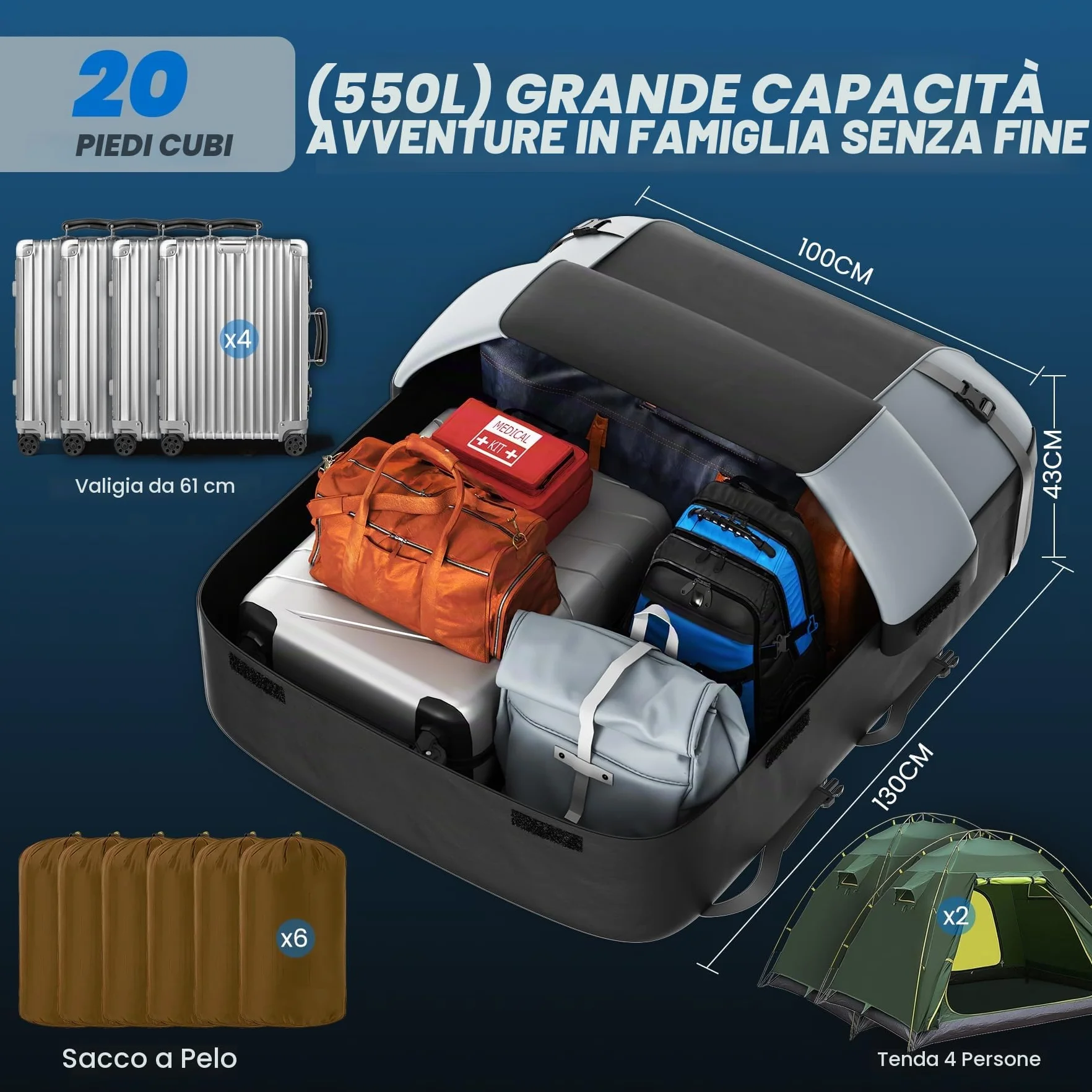 Huanyu Borsa da tetto per auto 20 piedi cubi/550L Box da tetto per auto Tenda da tetto impermeabile per veicoli Tenda da tetto per veicoli con o senza portapacchi per auto Portabagagli da tetto