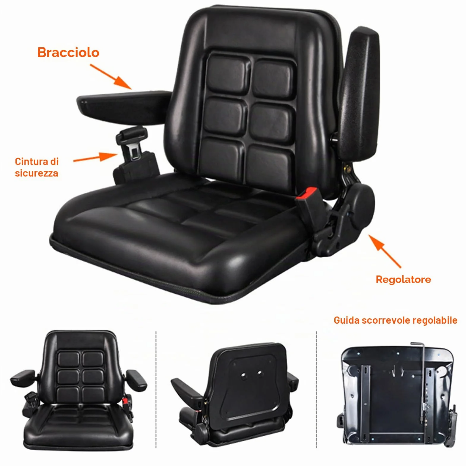 Sedile per carrello elevatore universale regolabile con cintura di sicurezza e bracciolo, schienale regolabile e guida scorrevole in PVC impermeabile, sedile per tosaerba per trattore, ruspa, carrello