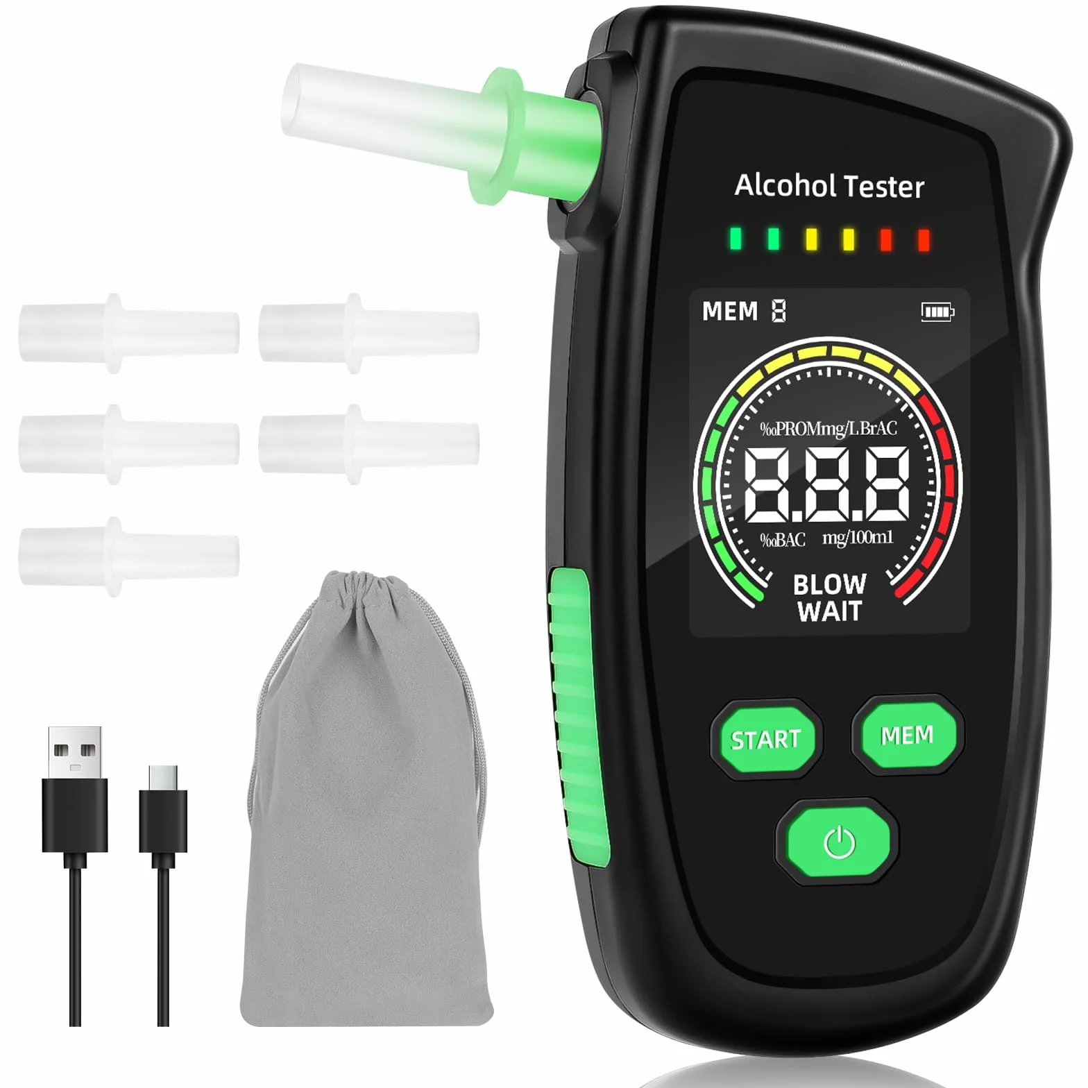 Etilometro Portatile Certificato - Ricaricabile Alcol Test Portatile, Alcoltest di Alta precisione con 5 boccagli, etilometro Altamente preciso con Schermo per Test Personali a casa
