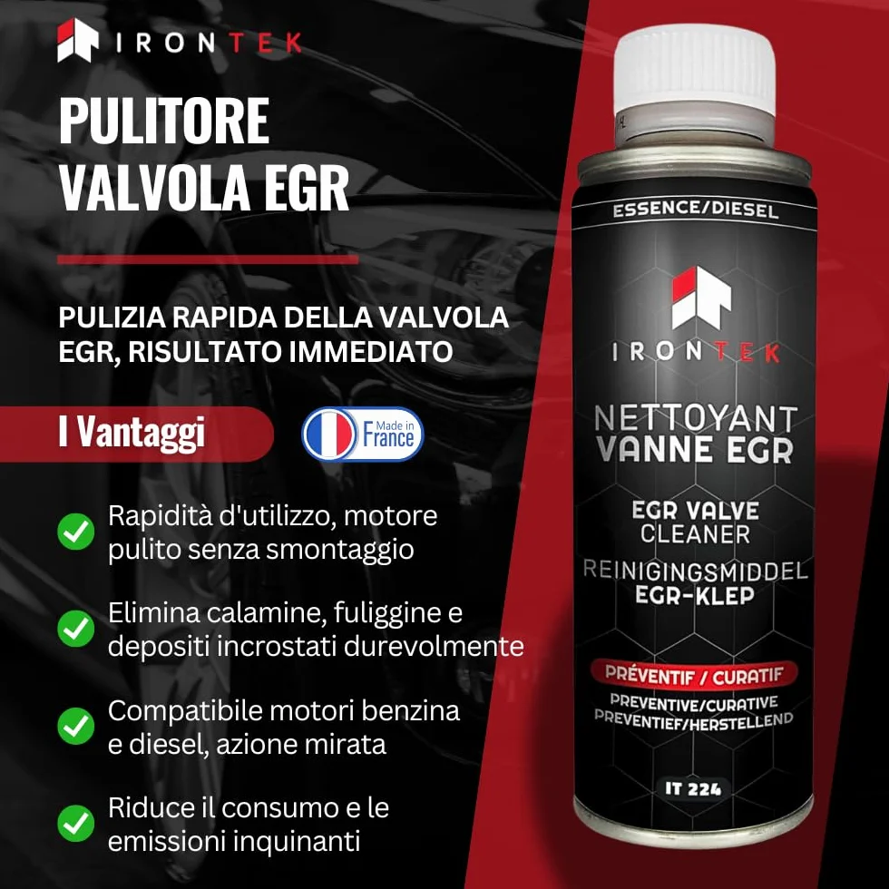 IRONTEK Pulitore Valvola EGR Diesel e Benzina 300ml | IT224 | Senza Smontaggio | Elimina Calamine e Depositi | Uso Preventivo e Curativo