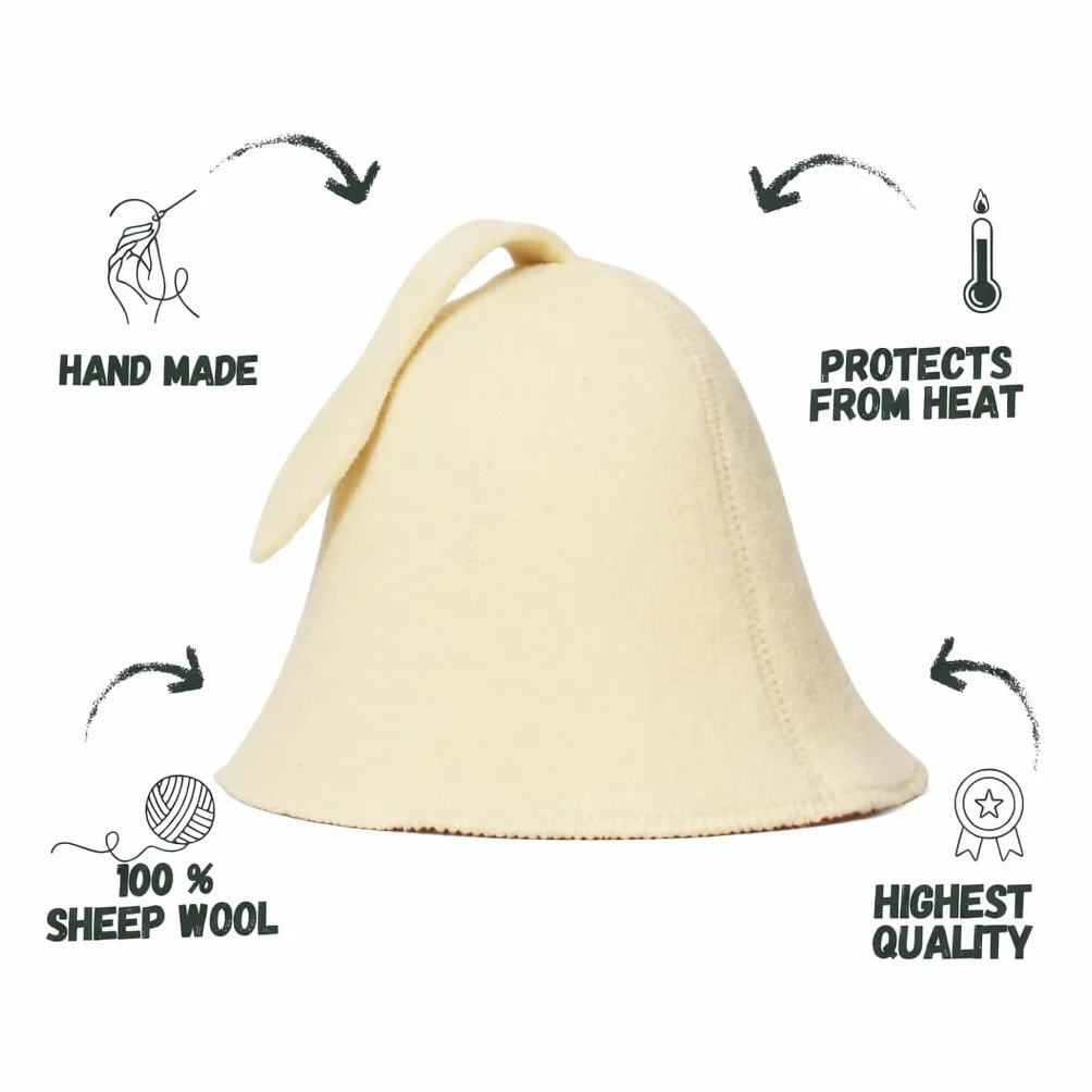 Cappello da sauna in lana biologica 100% bianco con guida eBook