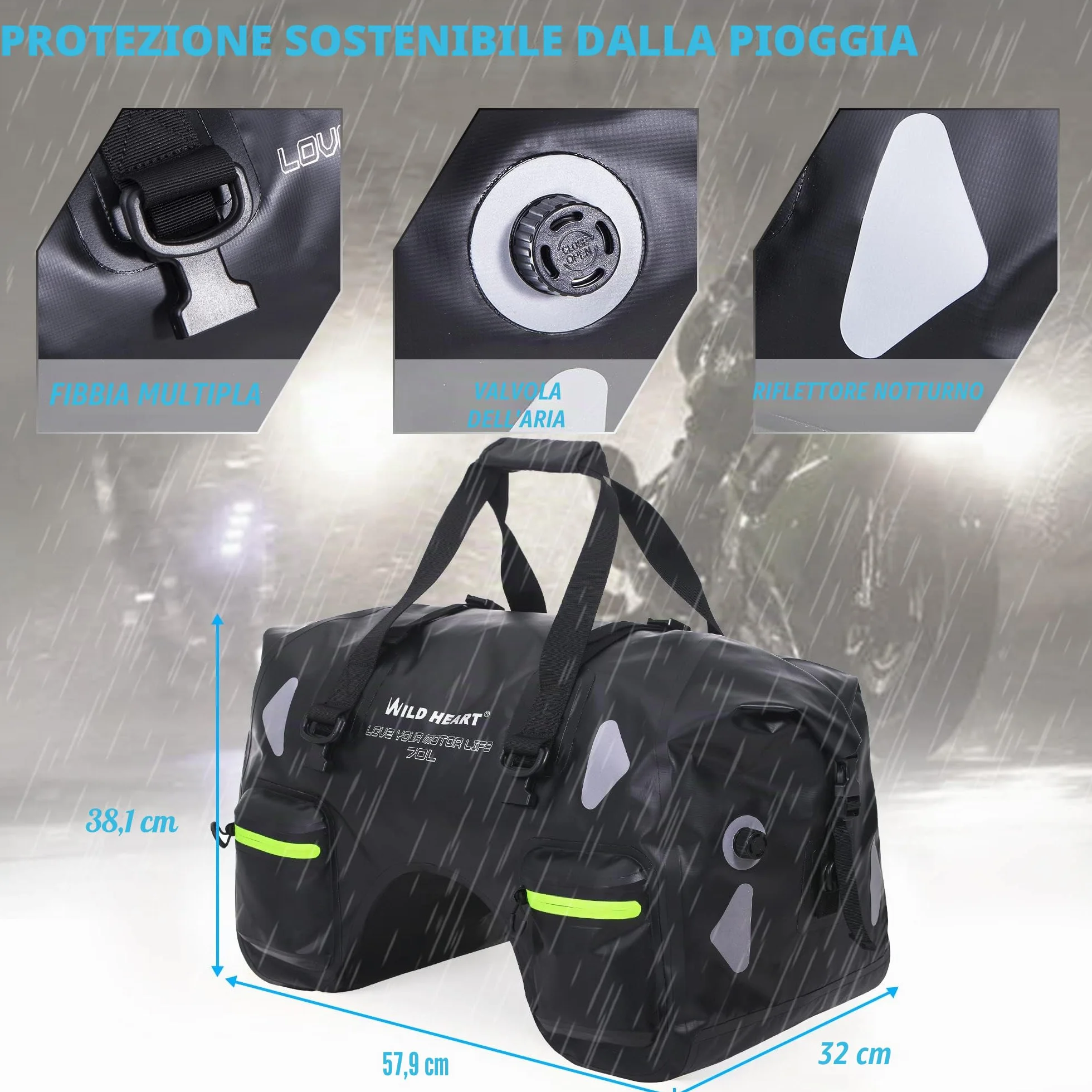 WILD HEART Borsa Da Sella Per Moto 70l Impermeabile Pvc 500d Nero