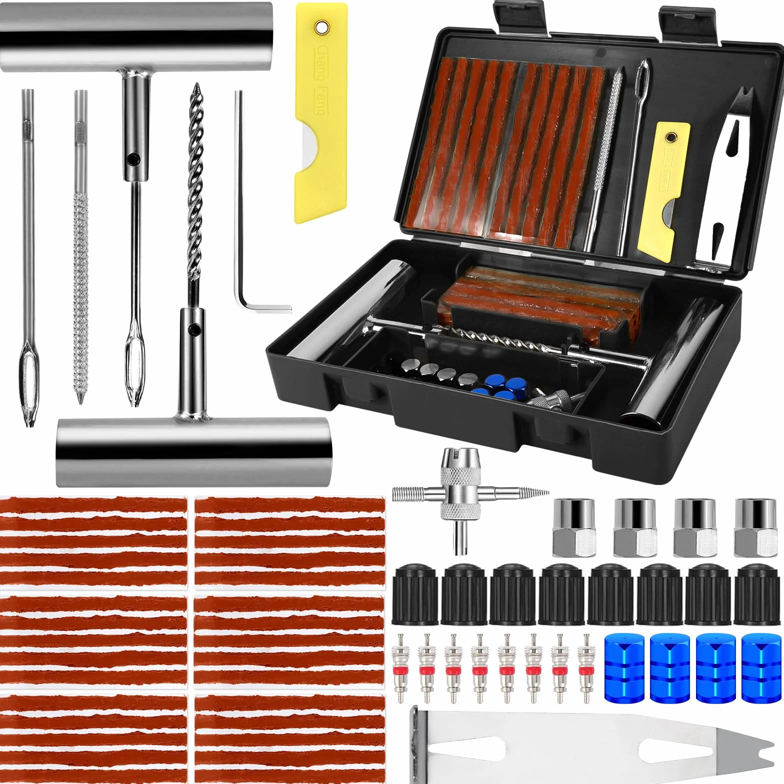Kit Riparazione Pneumatici Auto Moto 64 Pezzi Ripara Gomme Foratura Nero
