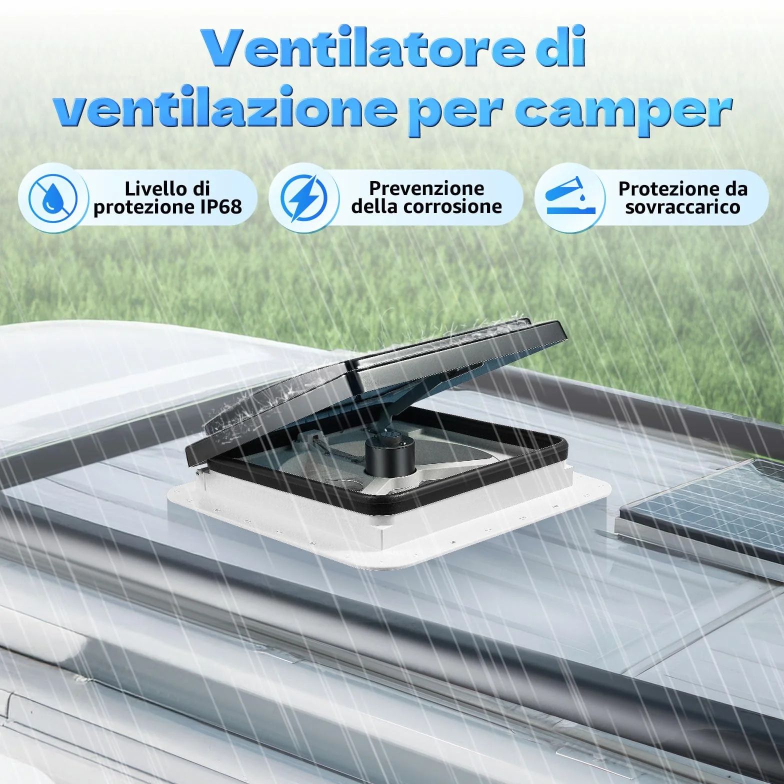 Finestra da tetto per camper 28x28 cm ventilazione insonorizzata ventola estrazione aria manuale LED 30W 12V