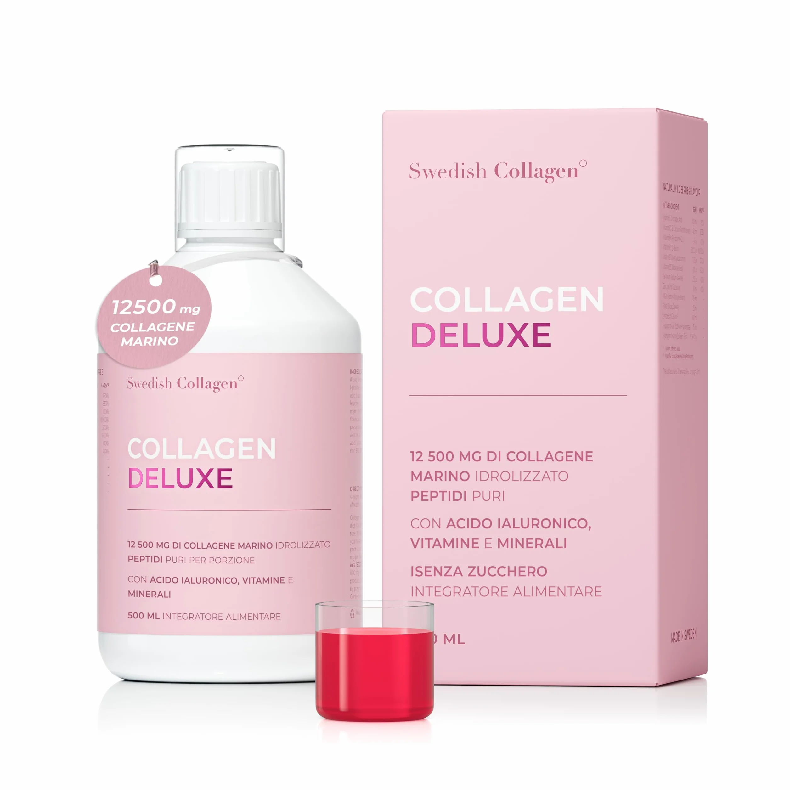 Swedish Nutra Integratore liquido collagene marino 12.500 mg 500 ml 20 giorni Peptidi vitamine capelli pelle unghie articolazioni Senza zucchero Clinicamente testato