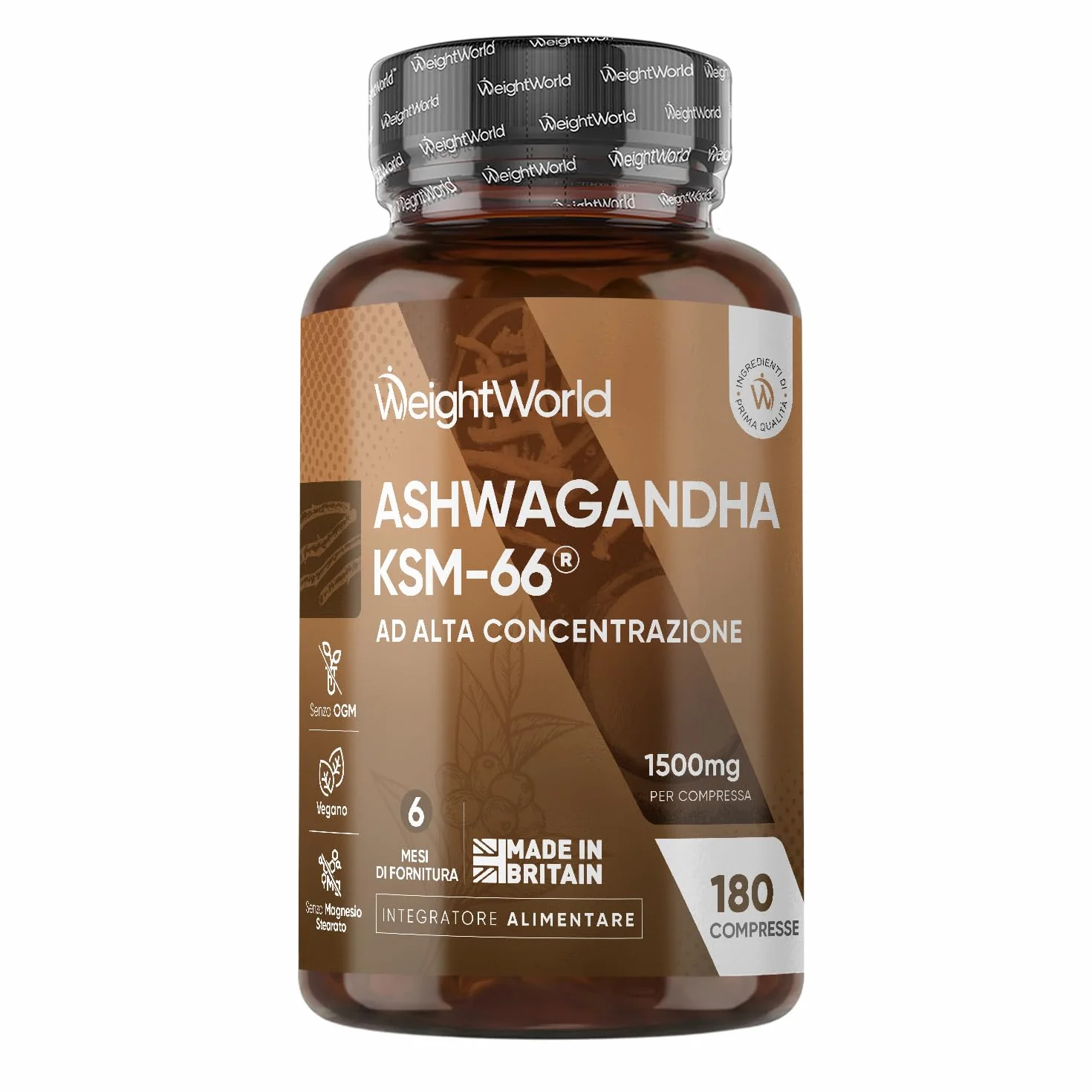 Ashwagandha KSM-66 Integratore 180 Compresse 1500mg Estratto 12:1 Withania Somnifera Vegana Prodotto in UK