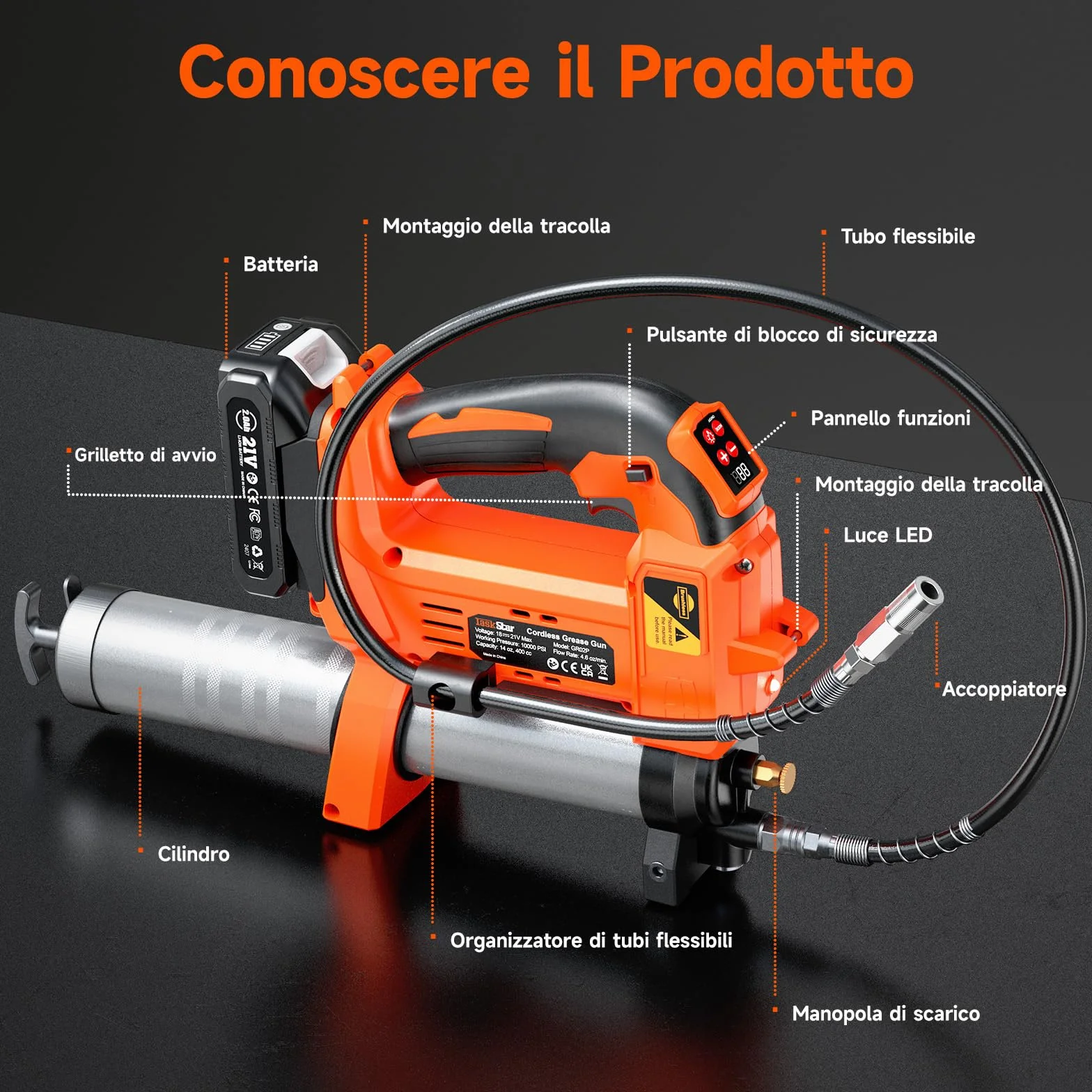TaskStar Ingrassatore a Batteria da 10000 PSI: Ingrassatore Migliorato con Controllo Automatico del Volume di Grasso, 2 Batterie, 3 Accoppiatori - 4,6 oz/min Efficiente per Trattori, Camion e Macchine