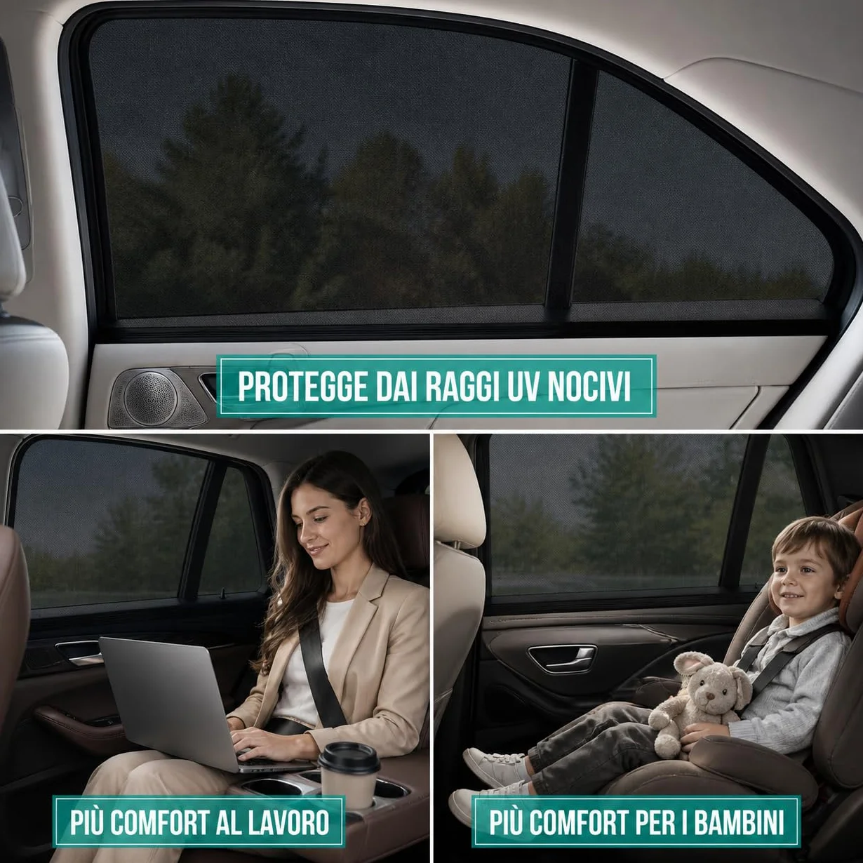 Tendine Parasole Auto Bambini, 2 Pezzi, Oscuranti Universali per Finestrini Posteriori, Protezione UV e Privacy, Senza Ventose, Autoaderenti e Traspiranti, Tendina Auto per Neonati e Bambini