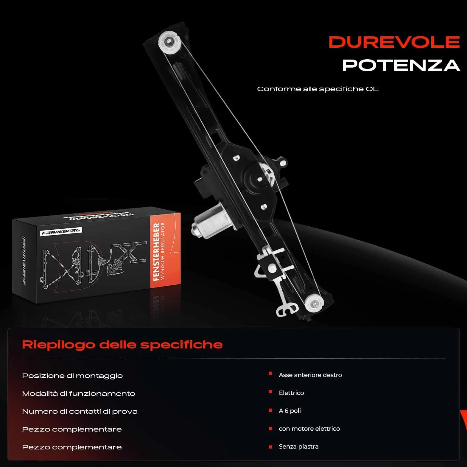 Frankberg Alzacristallo Elettrico con Motore 6 poli Anteriore Destro 4/5-Porte Compatibile Fiorino Furgone/MPV