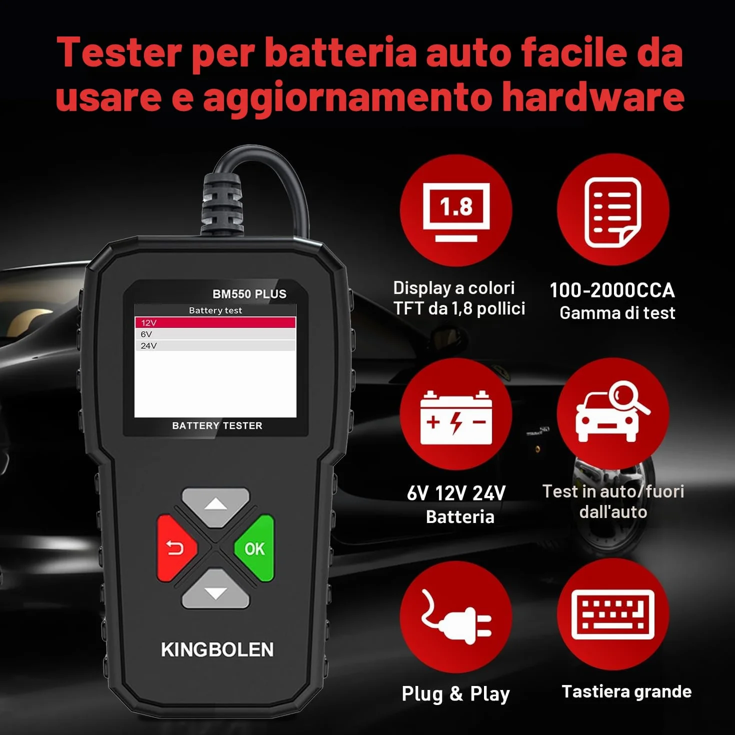 KINGBOLEN BM550 PLUS Tester Batteria 6V 12V 24V Con Display LED, 100-2000CCA 2-220Ah Analizzatore Digitale per Auto, Camion, Marina, Moto