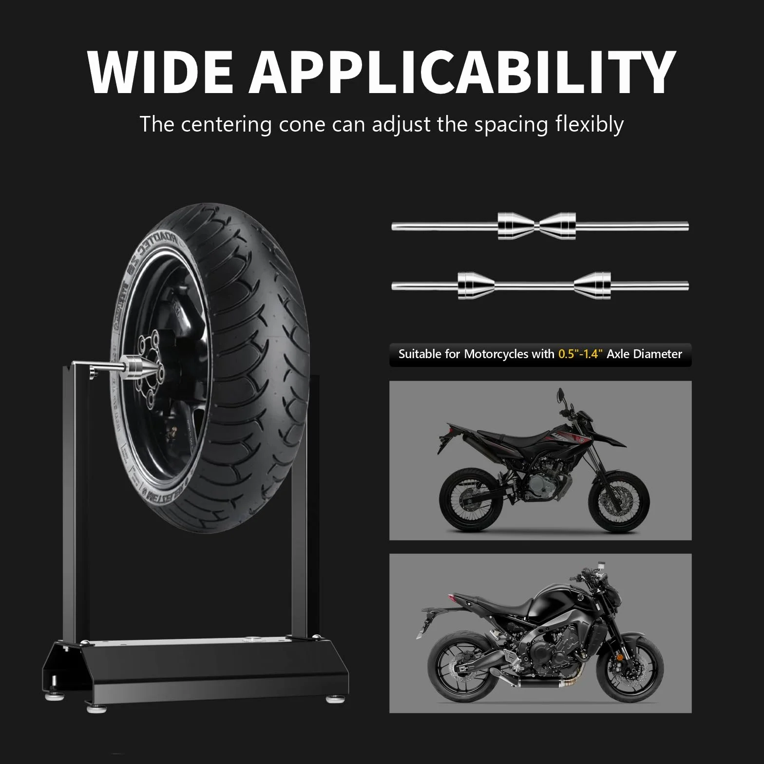 Equilibratore per Pneumatici, con Coni di centraggio Regolabili, bilanciatore Portatile per Pneumatici Fino a 40 cm, per Moto, ECC.