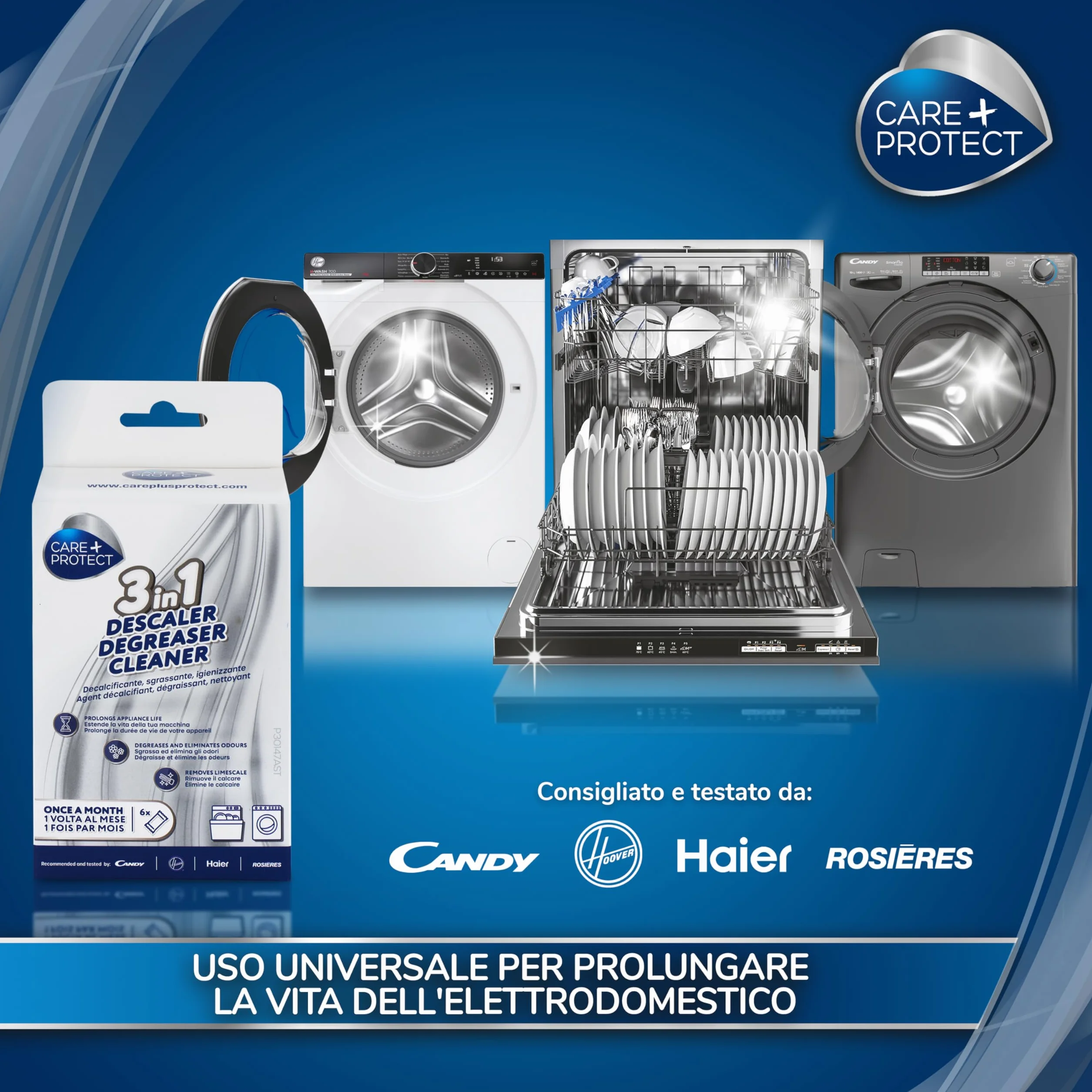 CARE + PROTECT 3 in 1 Anticalcare Sgrassante Igienizzante per Lavastoviglie Lavatrice 6 Bustine