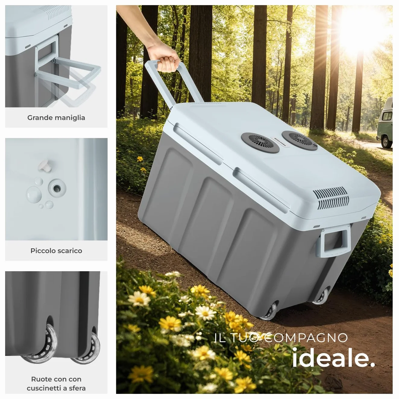 TecTake® Frigorifero Portatile e Scaldavivande 2 in 1, Mini Frigo con Modalità ECO da Campeggio con Maniglie Pieghevoli e Ruote, Portatile Elettrico Ideale per Casa e Auto - 40L