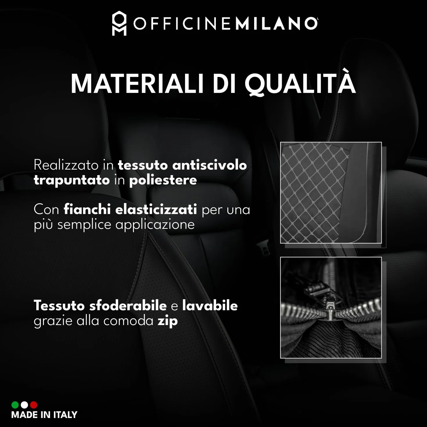 OFFICINE MILANO Coprisedili Auto Universali 11 Pezzi Antiscivolo Elasticizzato Trapuntato Poliestere