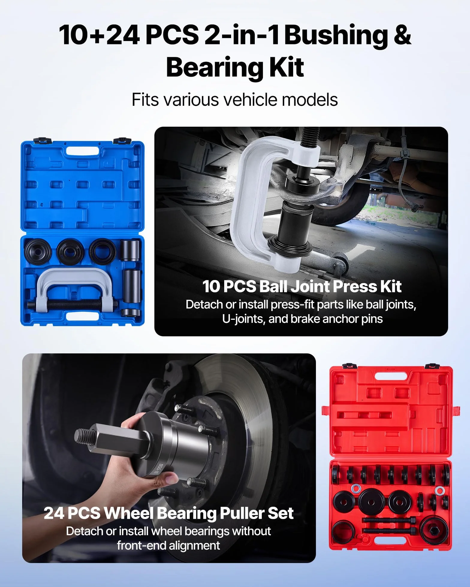 VEVOR Kit Pressa per Cuscinetti, 10+24 Pezzi, Utensile per Boccole, Set per Piste e Guarnizioni con Custodia