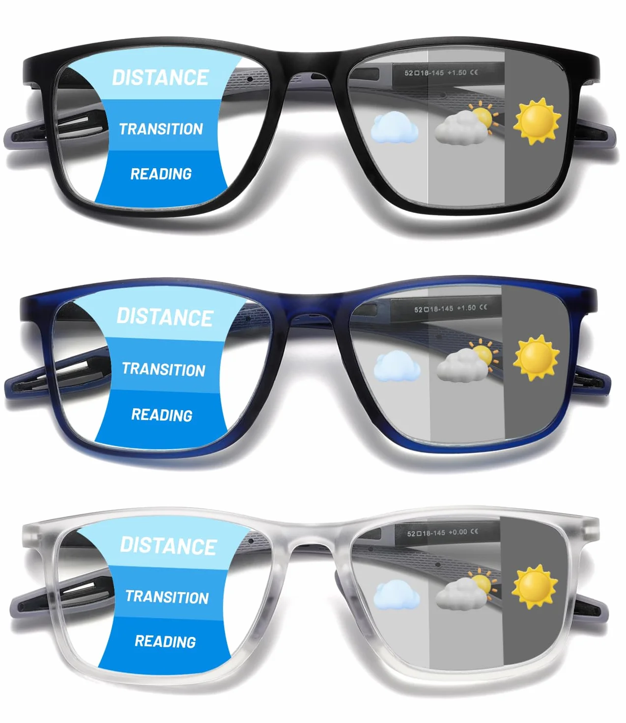 Hubeye Okulary do czytania sportowe unisex TR90 ultralekkie elastyczne antyniebieskie światło (Nero+Blu+Trasparente, 2.50)