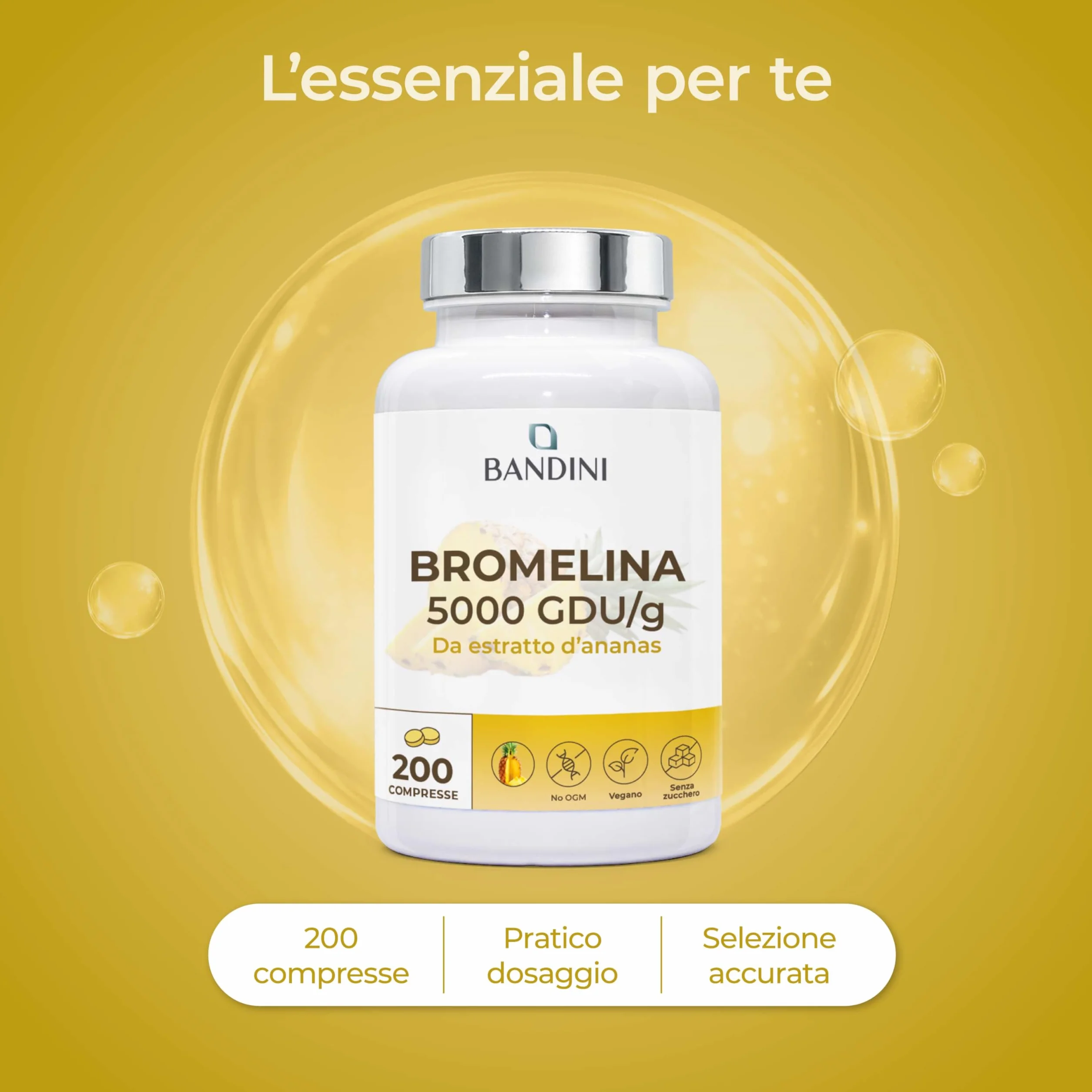 Bandini Bromelina Forte 5000 GDU/g Gastroprotetta 200 Compresse, Enzima Digestivo, Estratto di Ananas, Bromelina Strong, Pura, Alto Dosaggio, Vegano