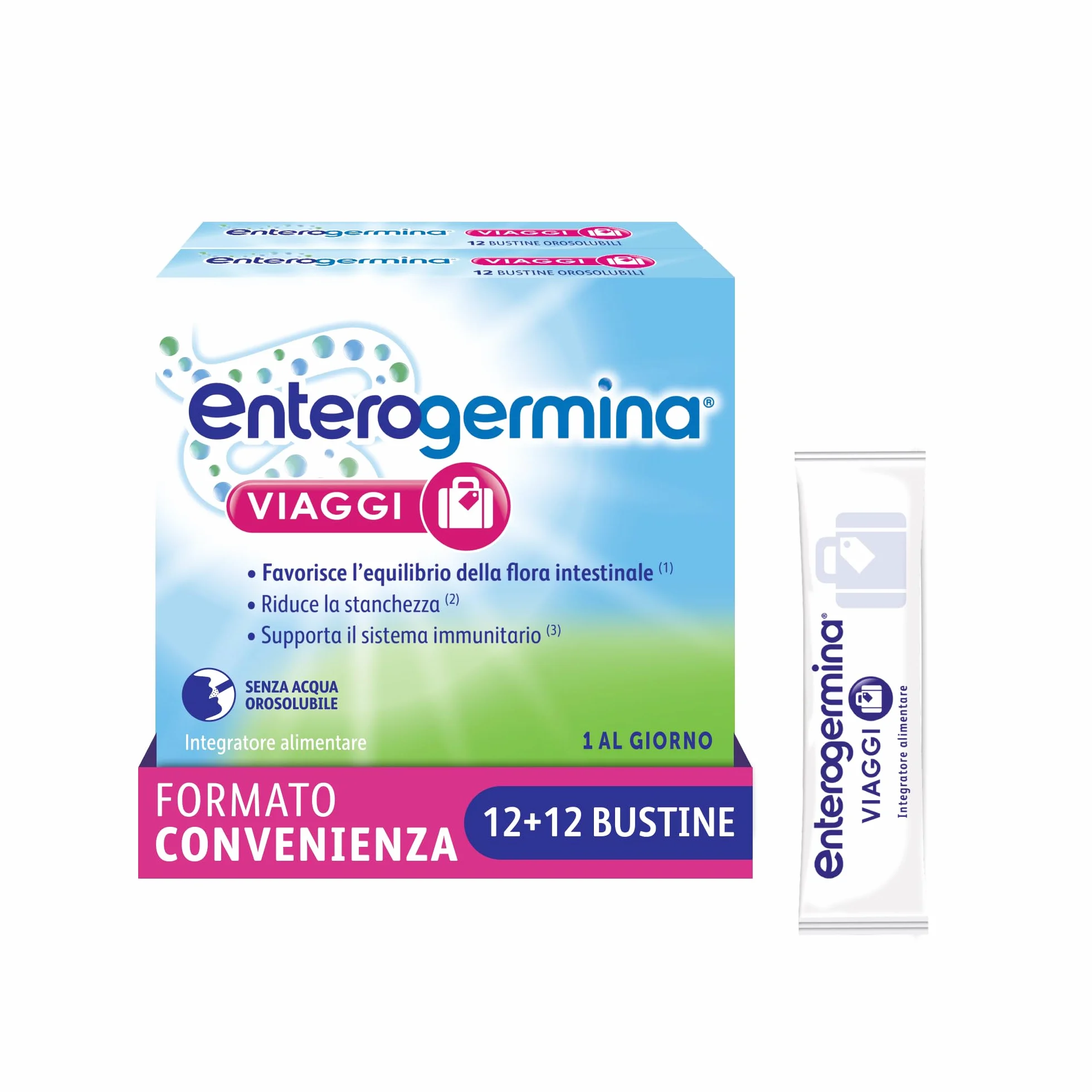 Enterogermina Viaggi Probiotici Vitamina B12 D Integratore Flora Intestinale 24 Bustine Fragola