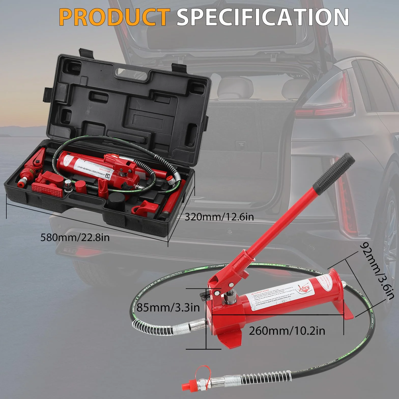 4 TON Pompa Idraulica Manuale per Carrozzeria, Kit di Martinetto Idraulico Sollevatore Pompa per Riparazione Auto Carico con Custodia, Corsa da 125 mm