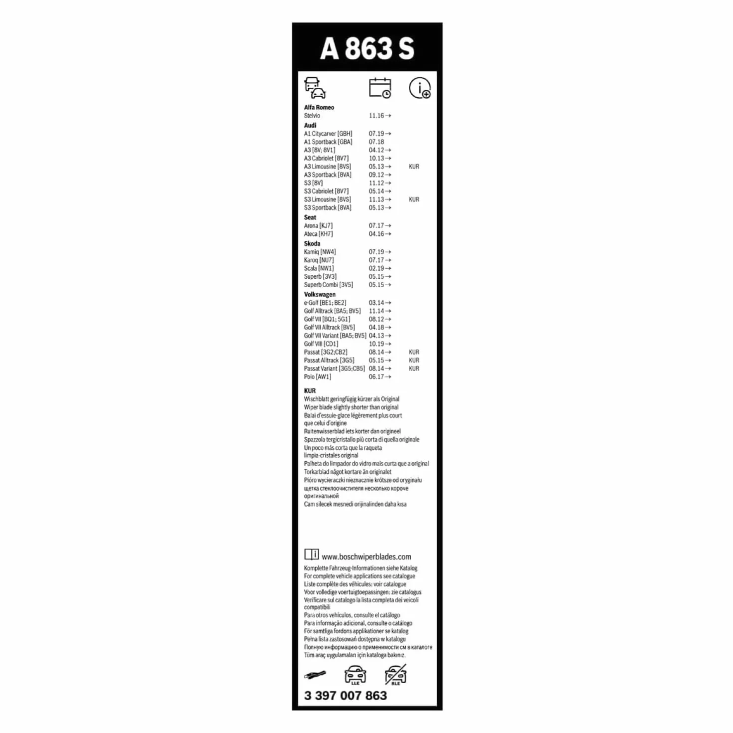 Bosch Aerotwin A863S Tergicristalli 650mm 450mm Set Parabrezza Anteriore Nero