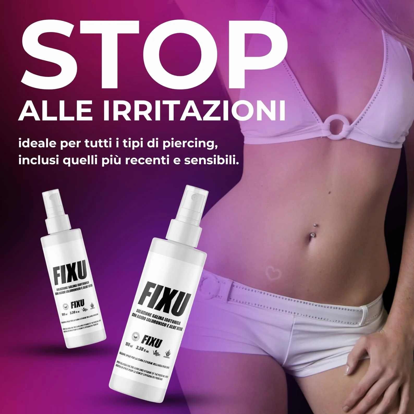 Soluzione Salina Piercing Spray FIXU 100ml con Acido Ialuronico e Aloe Vera, Disinfettante Piercing Made in Italy