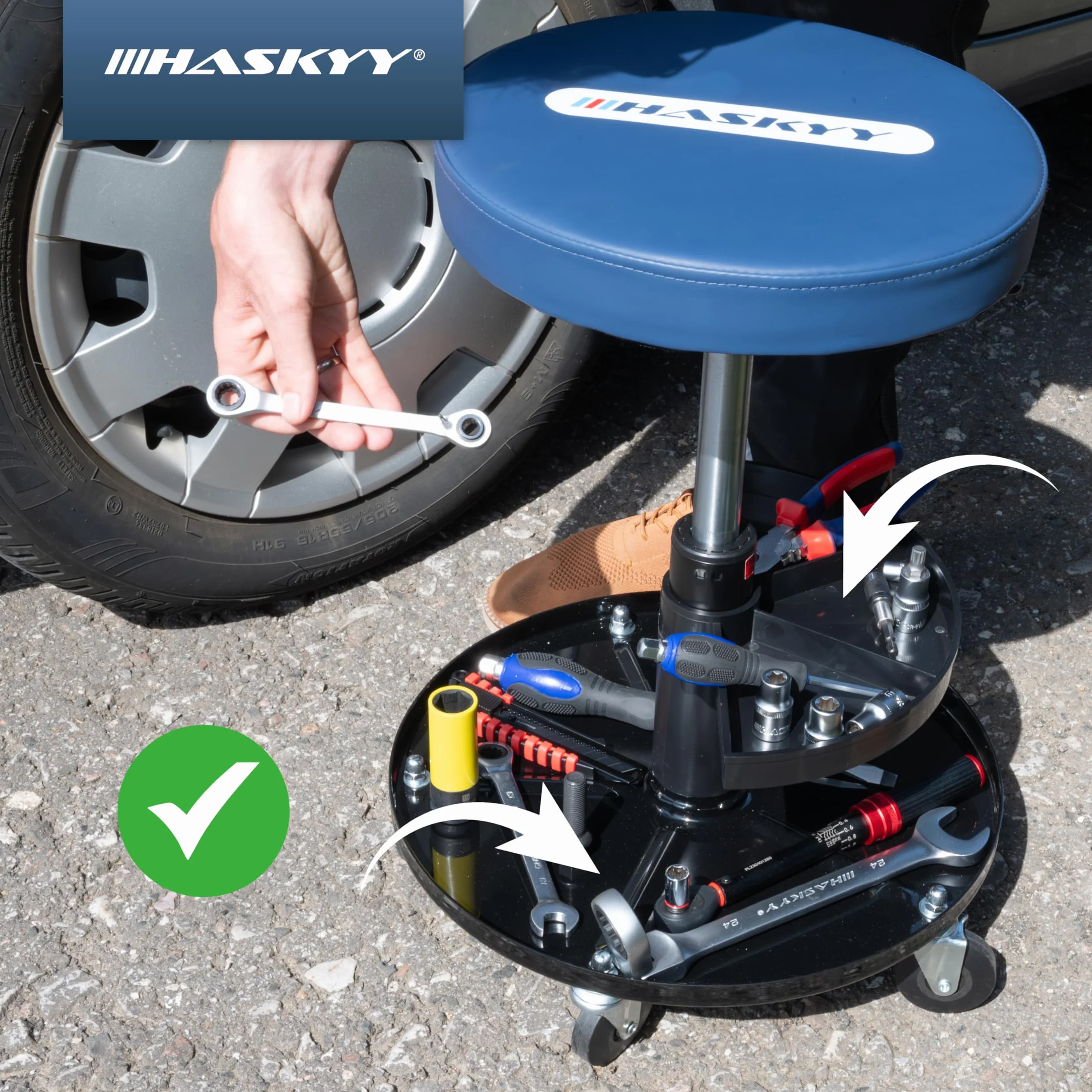 HASKYY Sgabello da officina BLU 5 ruote 2 ripiani altezza regolabile 410-540mm