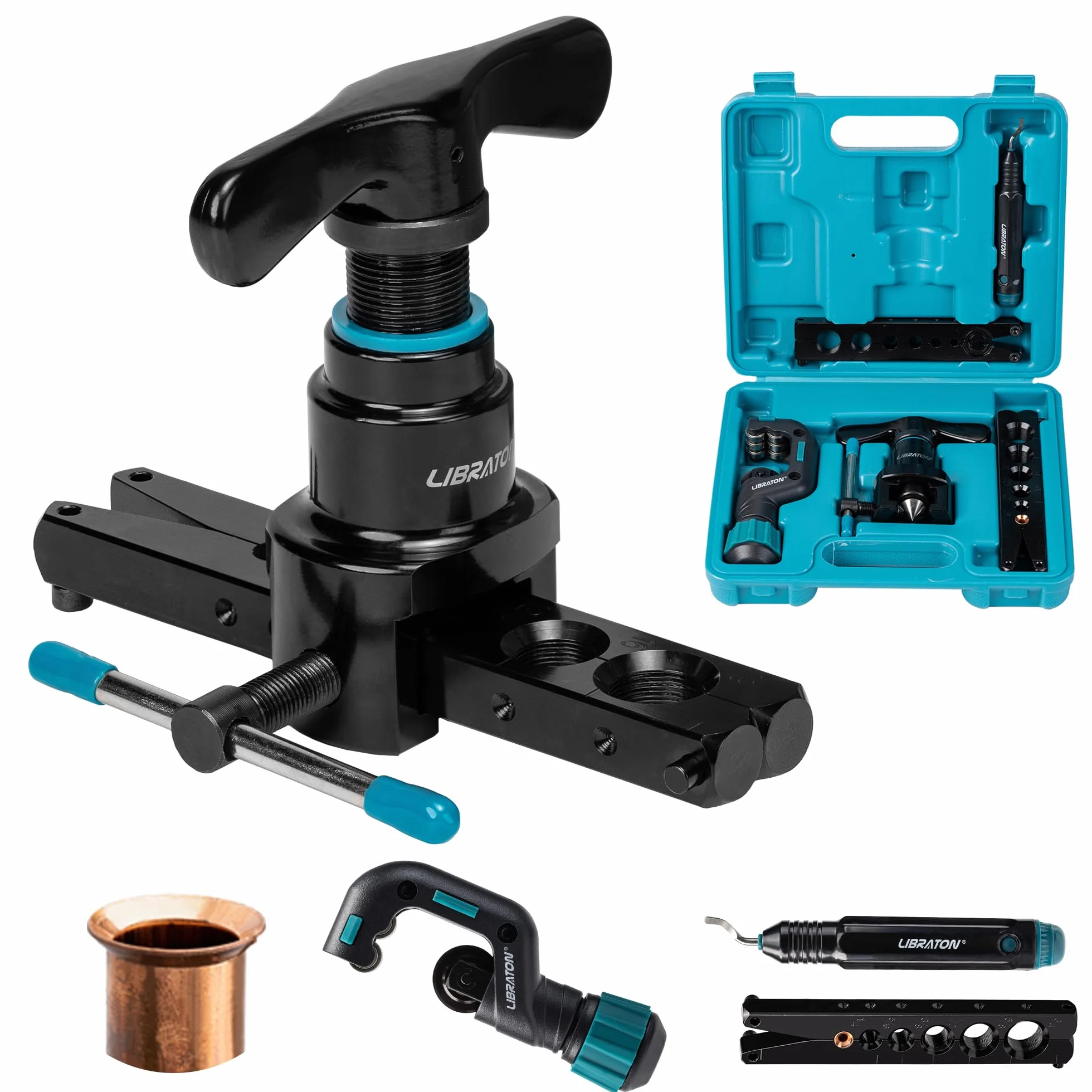 LIBRATON Cartellatrice per Condizionamento 1/4''-3/4'' 6-19mm HVAC Eccentrico 45° per Tubi Rame Alluminio Tagliatubi Sbavatura Kit
