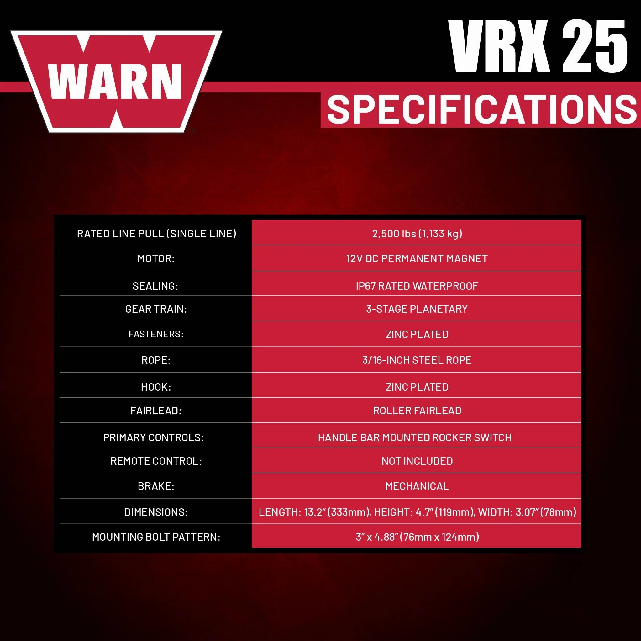 Warn Verricello VRX 25 Powersports 101025 1,25t 3/16" x 50' Cavo Acciaio