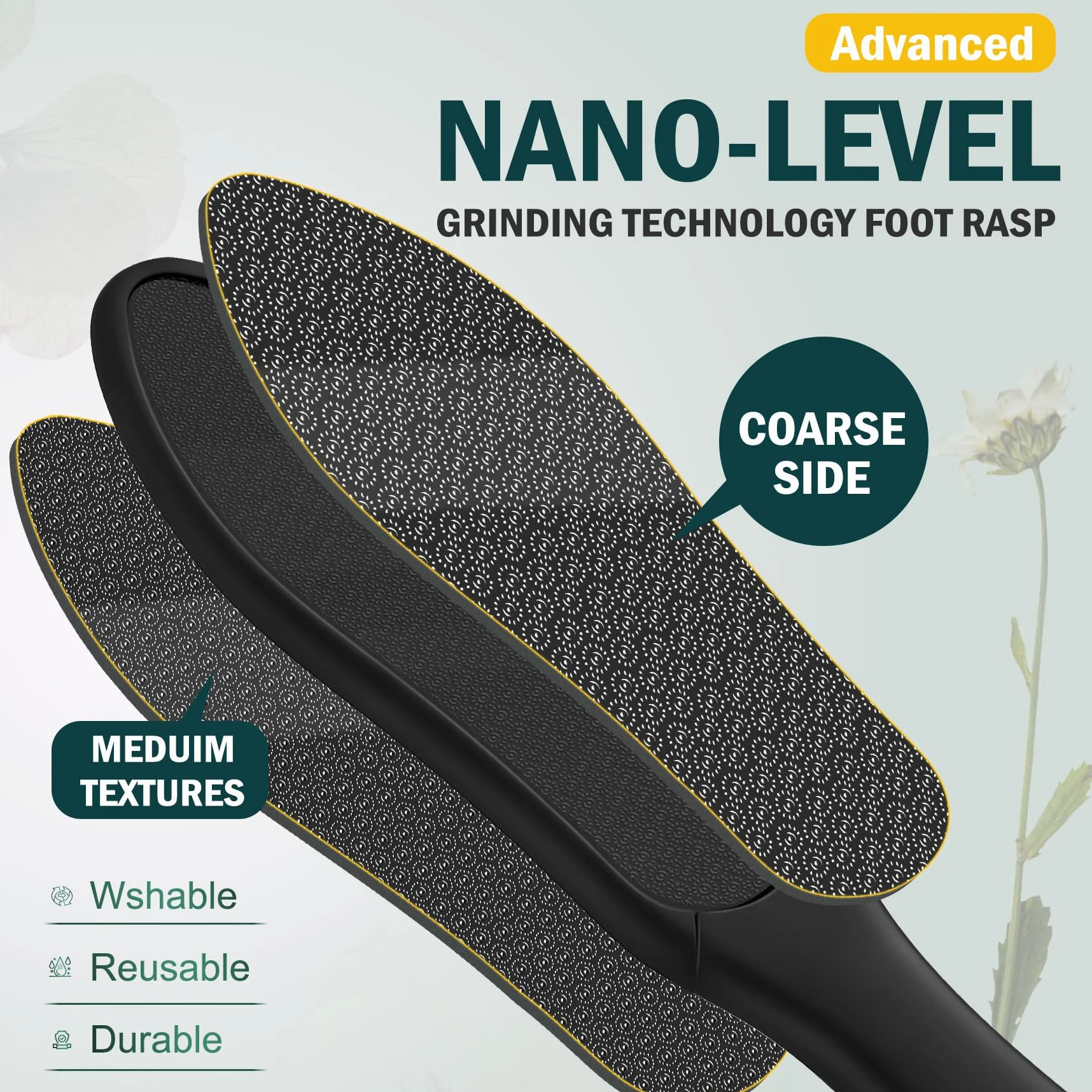 FVION Lima Piedi Nano Vetro, Raspa per Piedi e Talloni Secchi, Rimozione Calli e Duroni - Nero