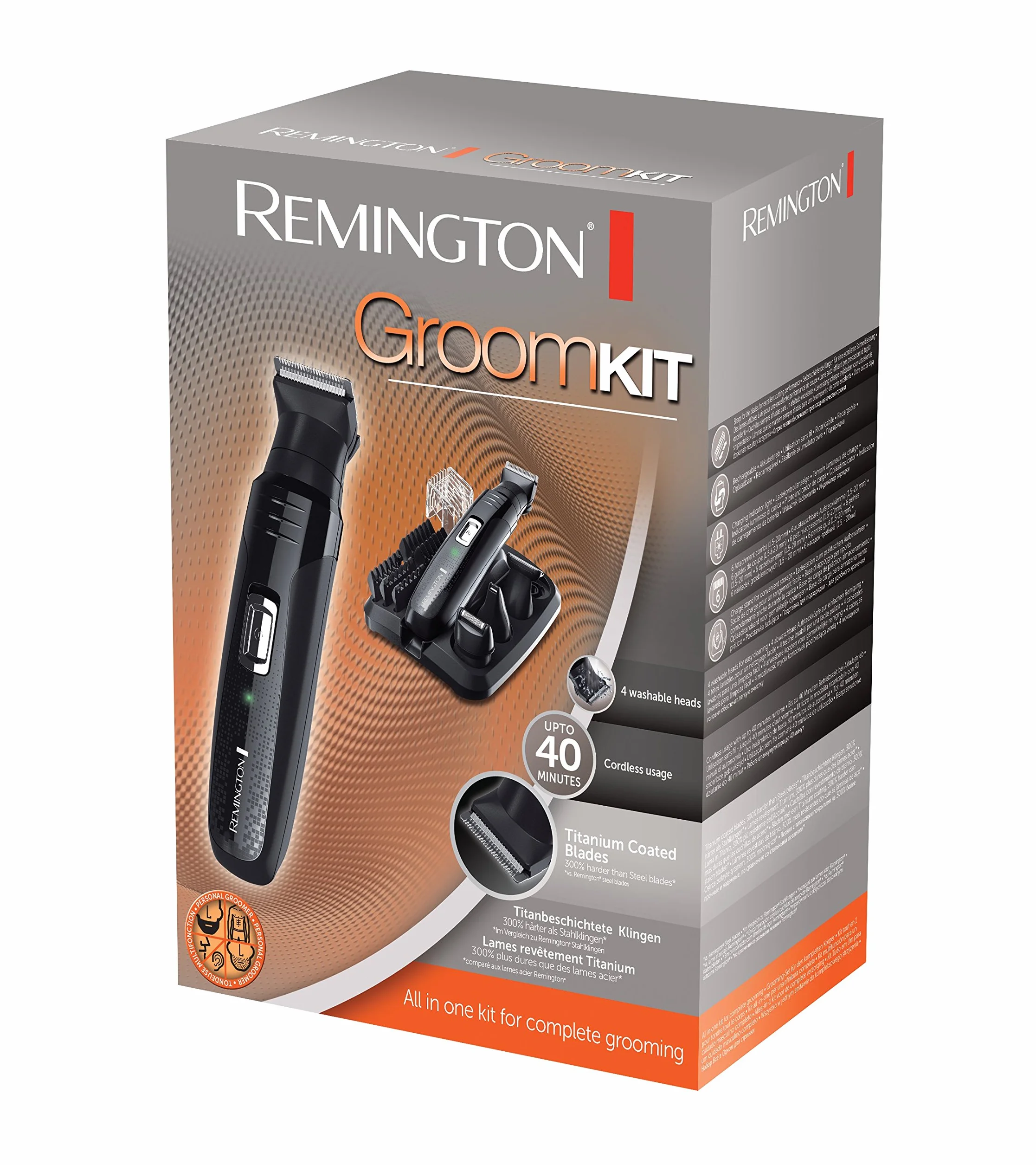 Remington GroomKit PG6130 Rasoio Elettrico Multiuso Lame Titanio 4 Testine Rimovibili