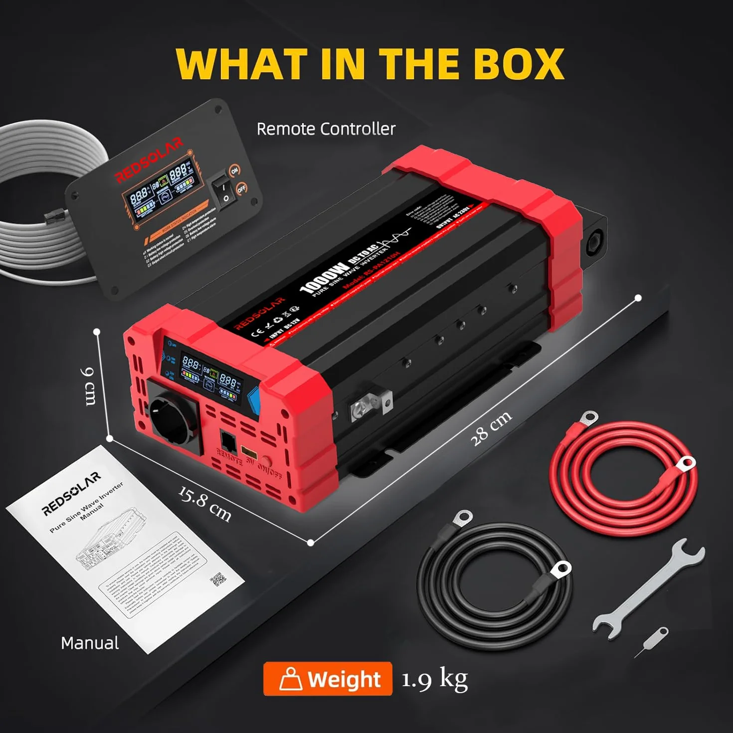 REDSOLAR Inverter Onda Sinusoidale Pura 1000W Picco 2000W Convertitore 12V DC a 220V 230V AC con Display LCD Porta USB Presa EU Pannello Remoto