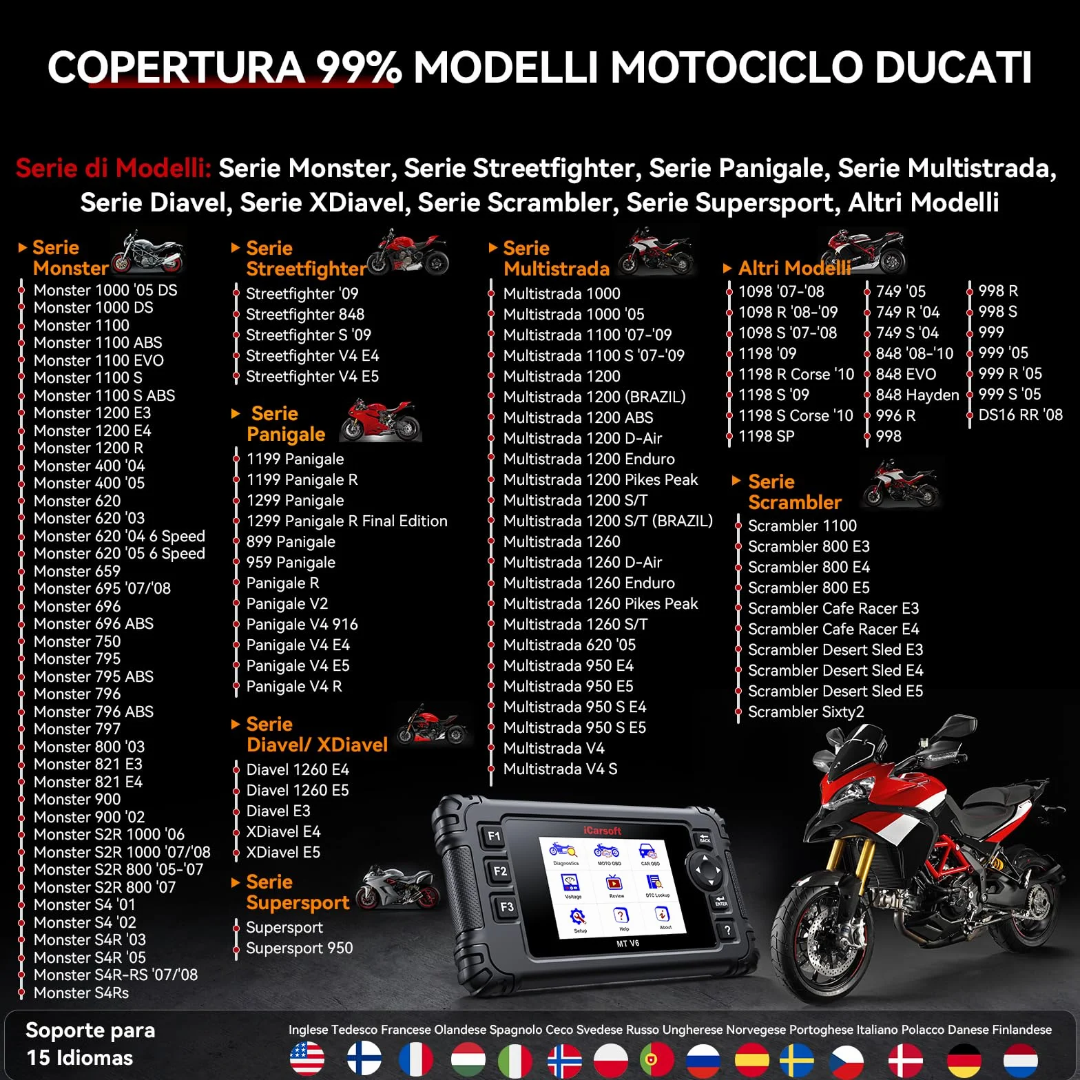 iCarsoft MT V6 Strumento diagnostico moto Ducati scanner 101 test attivi 85 servizi manutenzione lettura codici test batteria