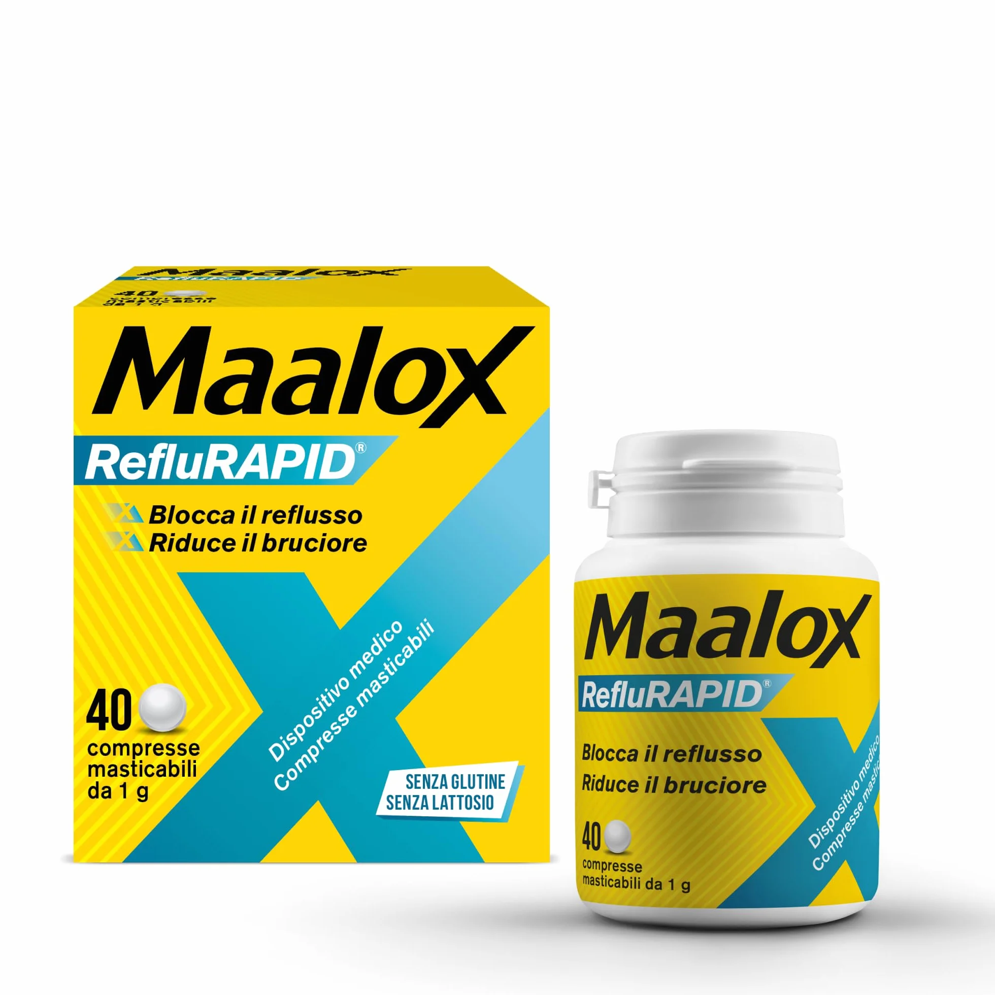Maalox Reflurapid 40 Compresse Gusto Menta, Blocca Reflusso Gastroesofageo, Riduce Bruciore e Acidità di Stomaco, con Bicarbonato di Sodio, Senza Glutine e Lattosio