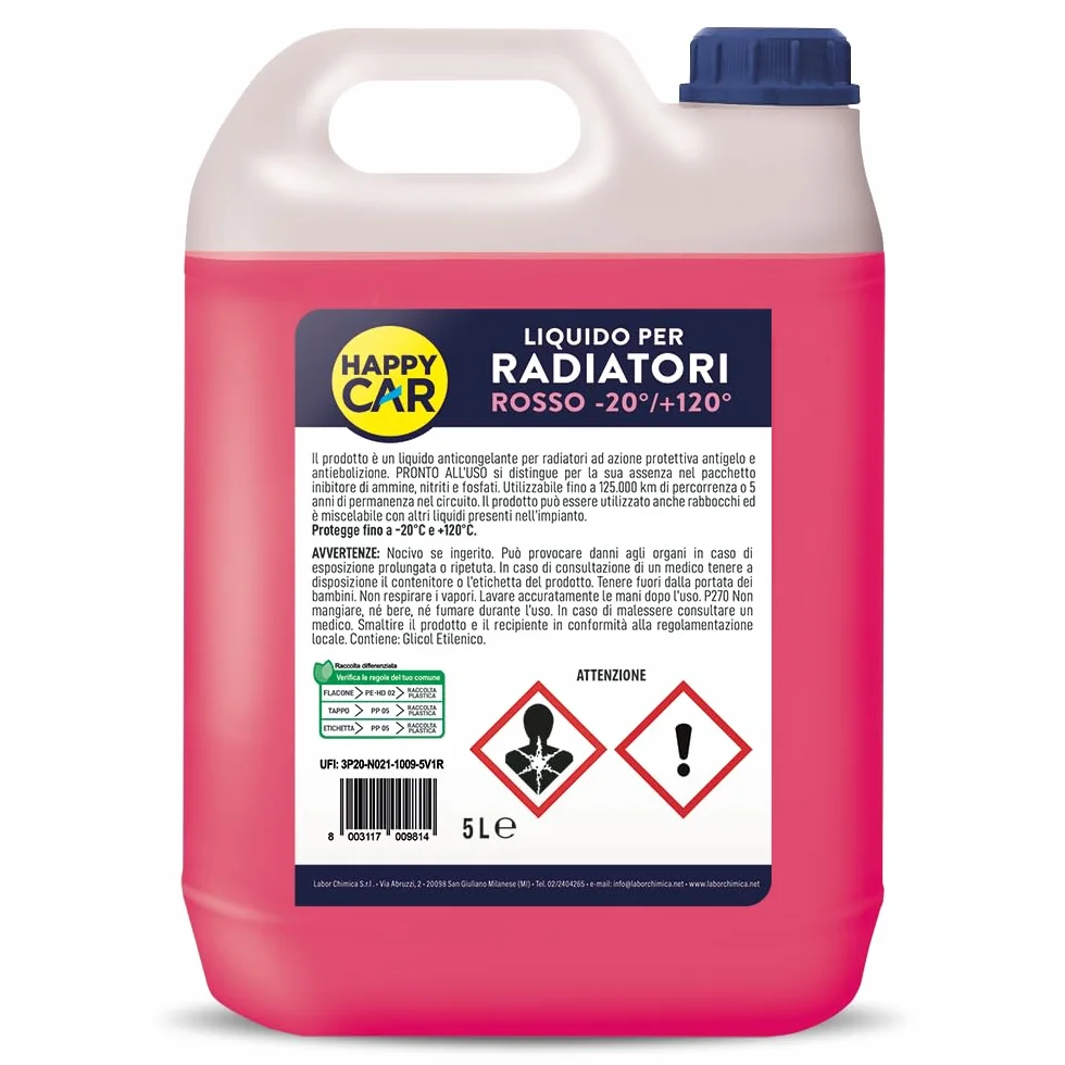 Liquido Radiatore Rosso -20°C/+121°C Pronto all’Uso - Refrigerante Auto e Moto per Motori in Lega di Alluminio con Antigelo e Antiebollizione - Protezione Anticorrosione (5L)