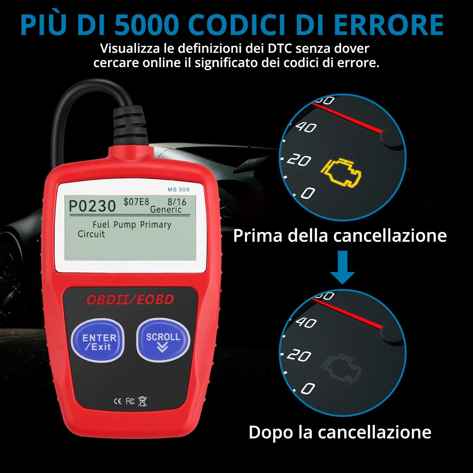 AUTOUTLET OBD2 OBDII Diagnostico Scanner per Auto con Lettura Codici DTC e 10 Lingue