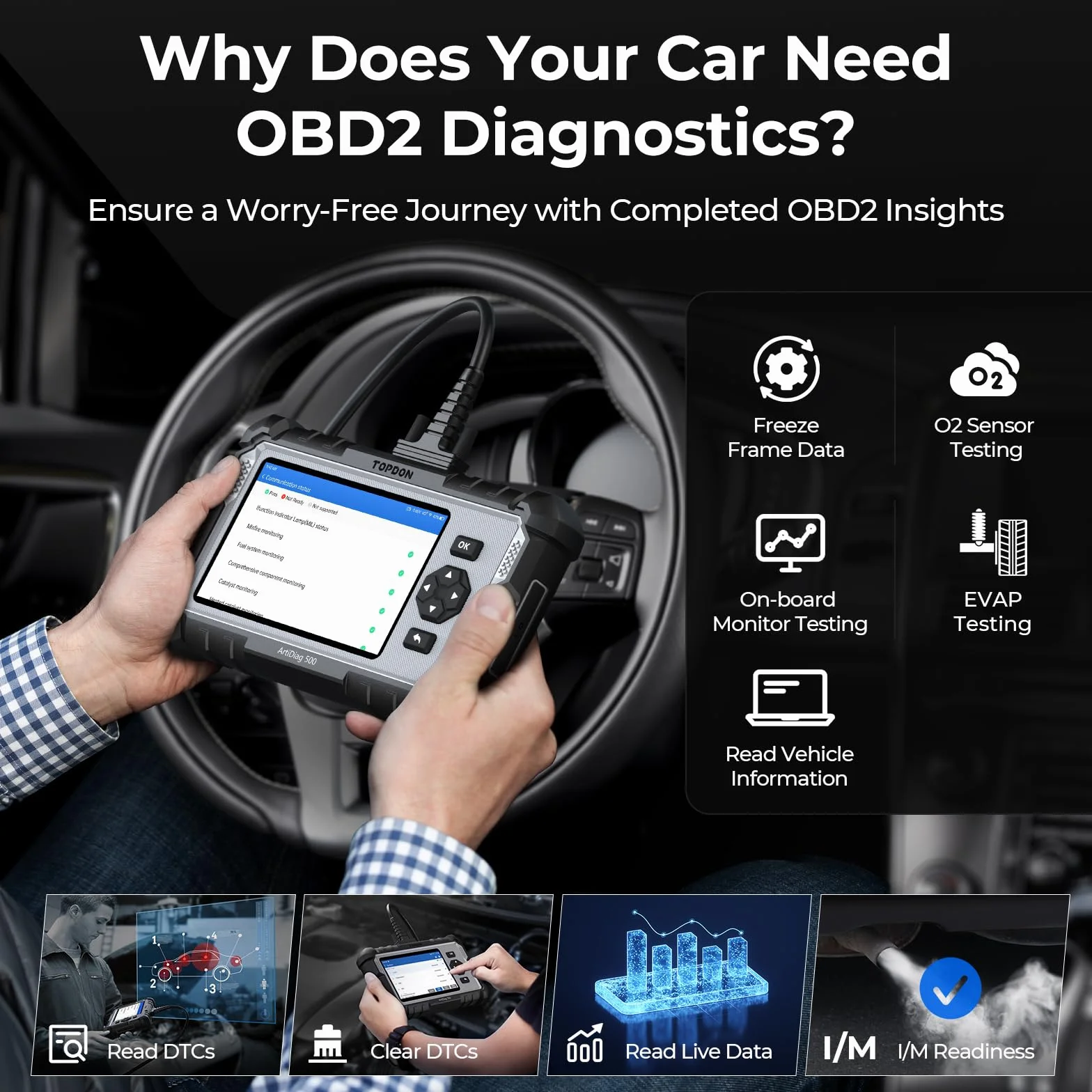 TOPDON AD500 Strumento di diagnostica auto OBD2 6 servizi reset olio SAS TPMS ETS BMS freno