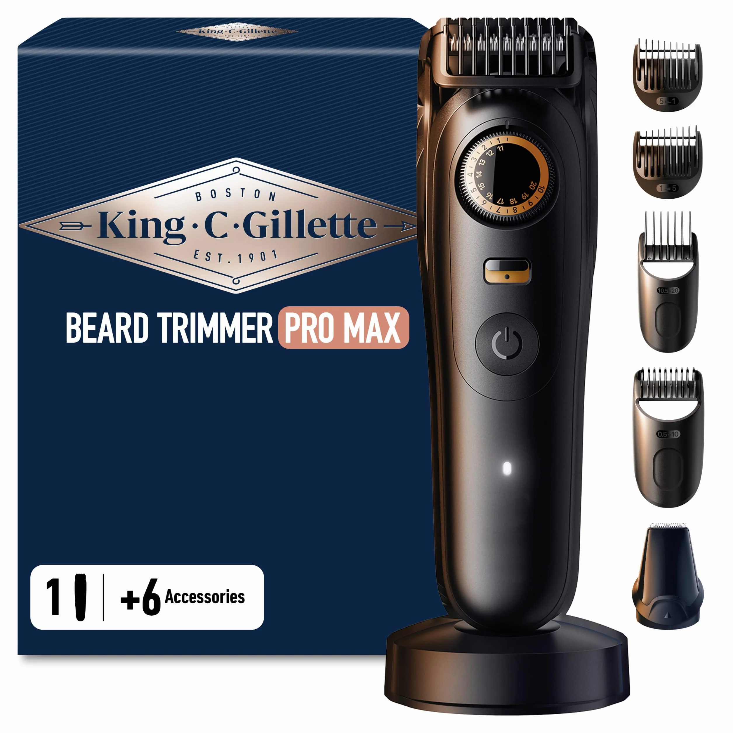 King C. Gillette Rasoio Elettrico Barba Pro MAX, Regolabarba Uomo Senza Fili, 40 Impostazioni, 4 Pettini, Base Ricarica
