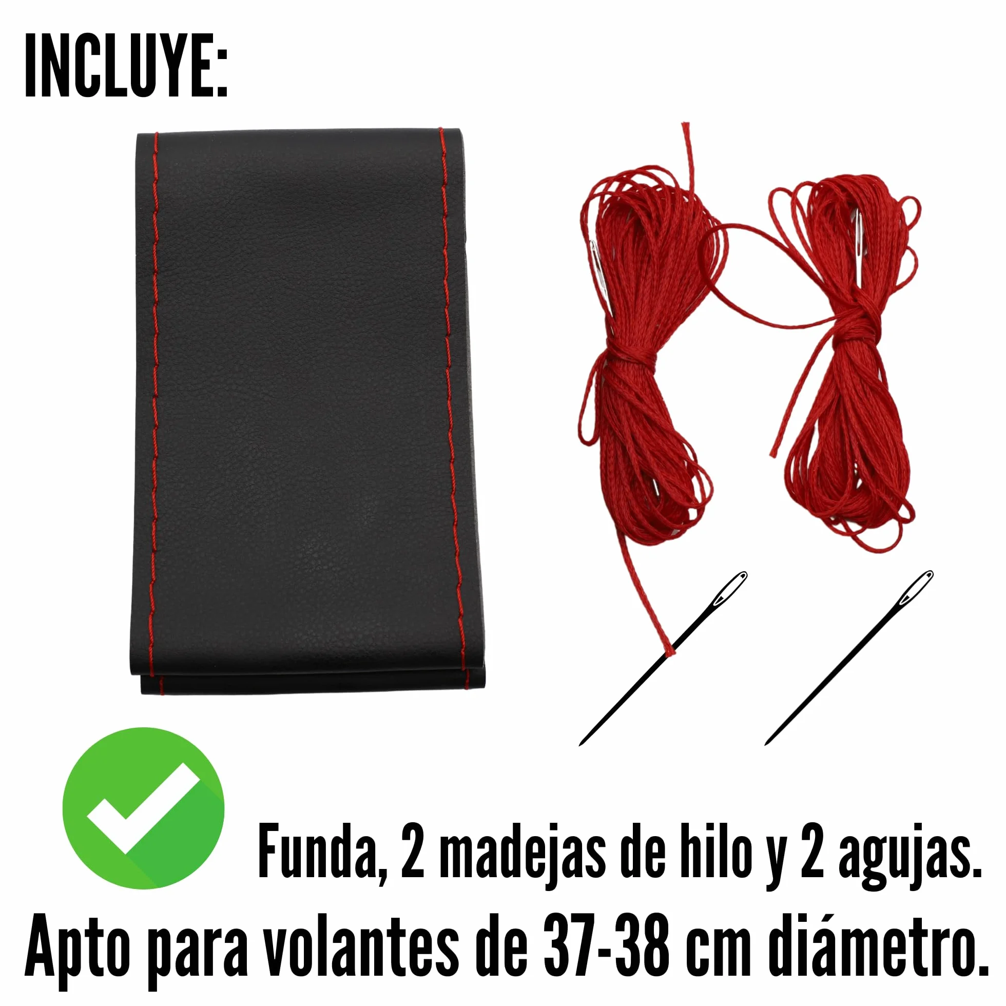 AUTOZOCO Coprivolante auto con aghi e filo, diametro 37/38 cm, antiscivolo, nero con filo rosso