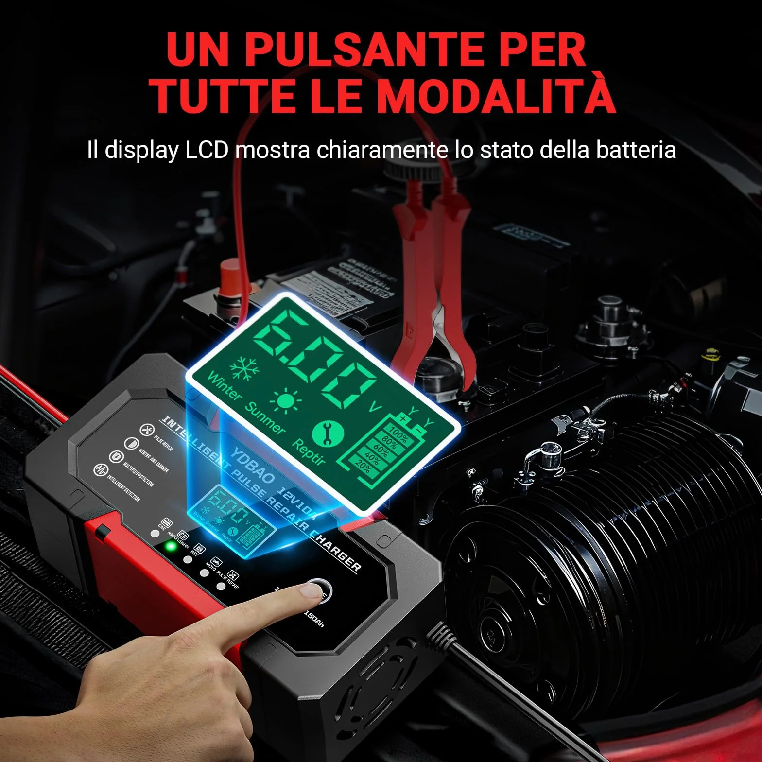 YDBAO Caricabatterie Auto 10A 12V Carica Batteria per Auto Moto Intelligente Multi Protezioni Riparazione di Moto Auto con Schermo LCD per AGM LiFePO4